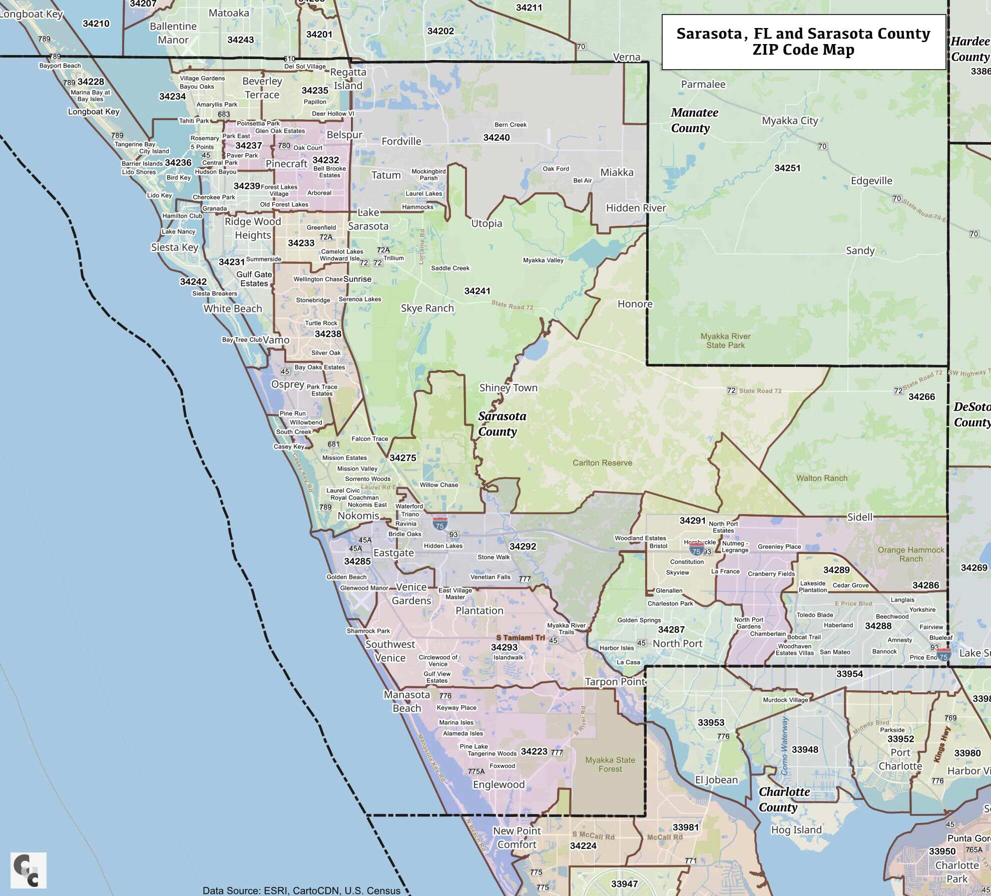 North Port and Sarasota County Zip Code Map