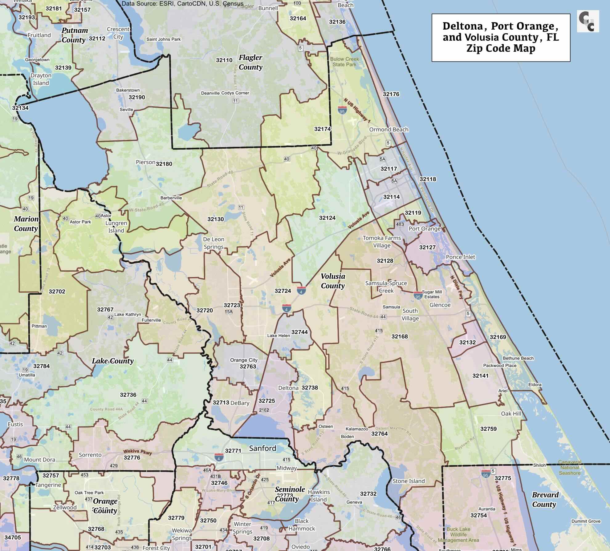 Volusia County, FL ZIP Code Map - Daytona Beach, Port Orange
