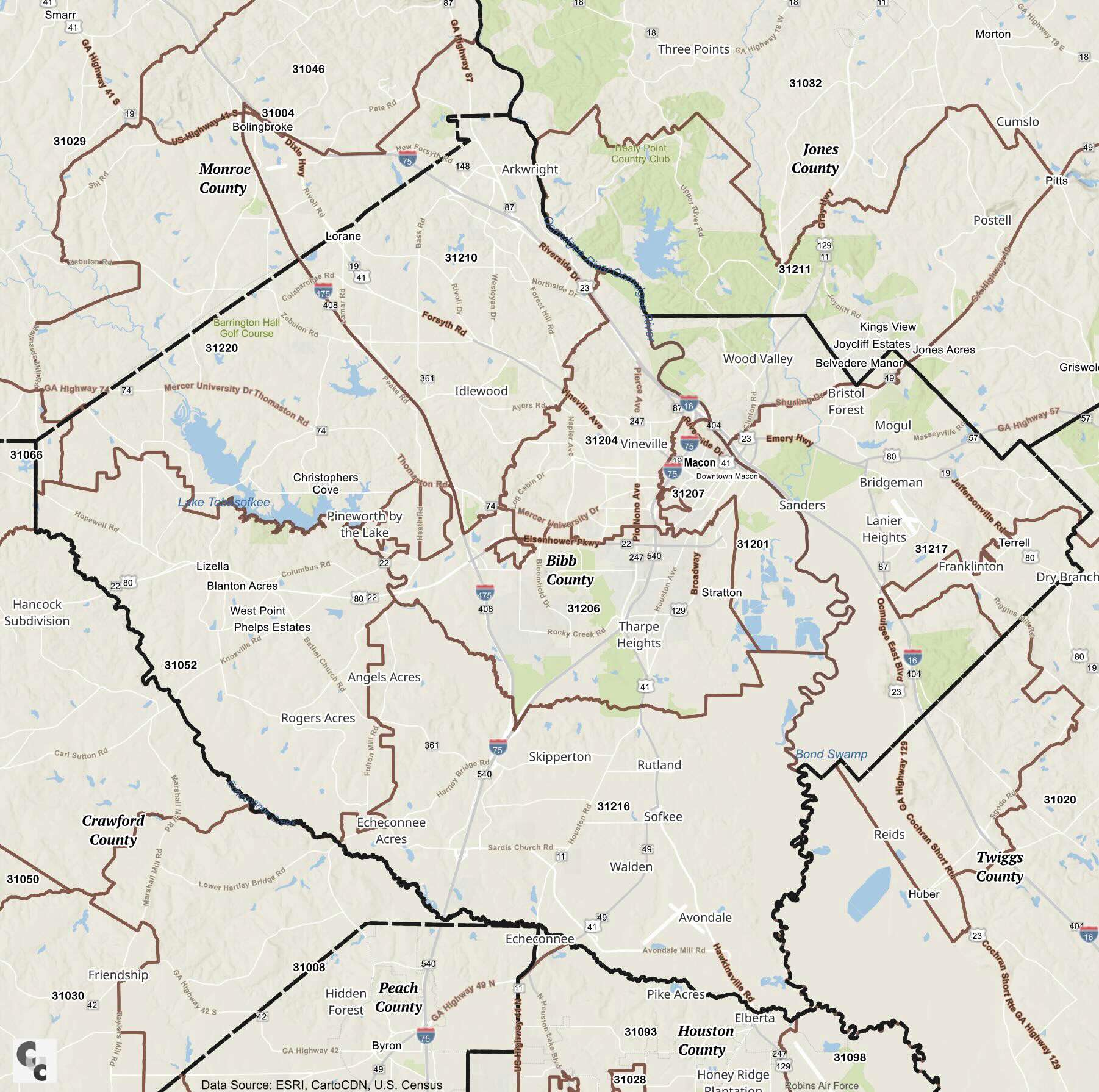 Macon, GA Zip Code Map