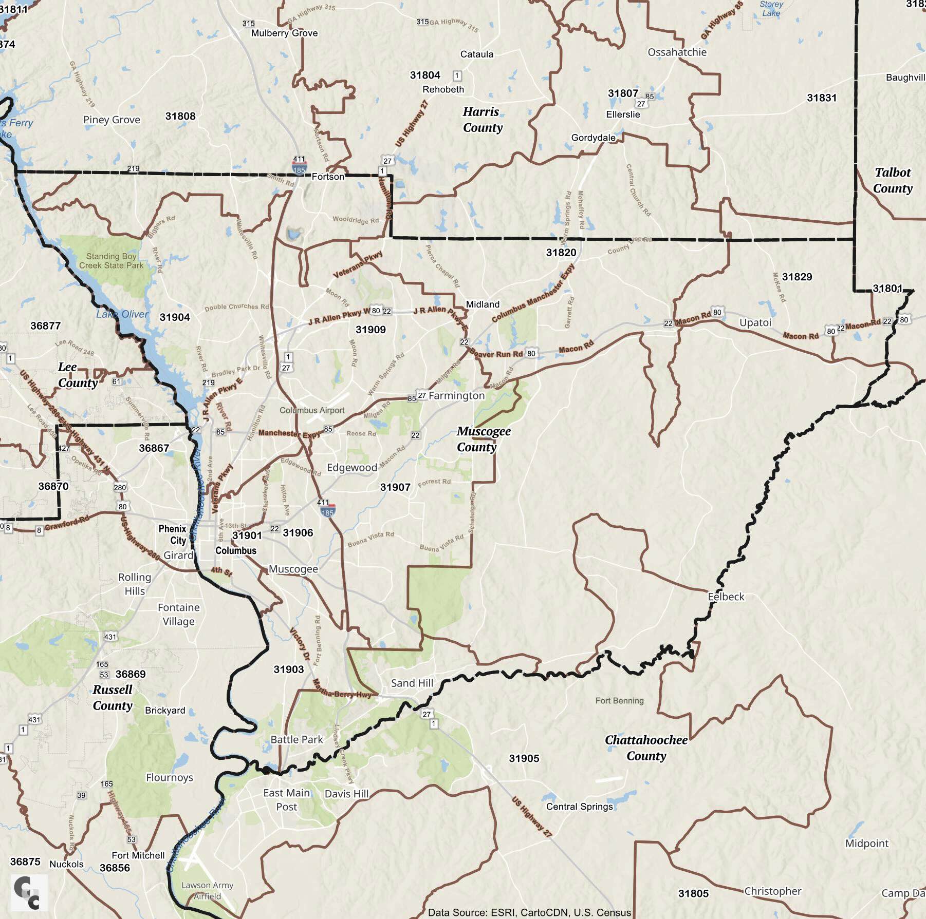 Columbus, GA Zip Code Map