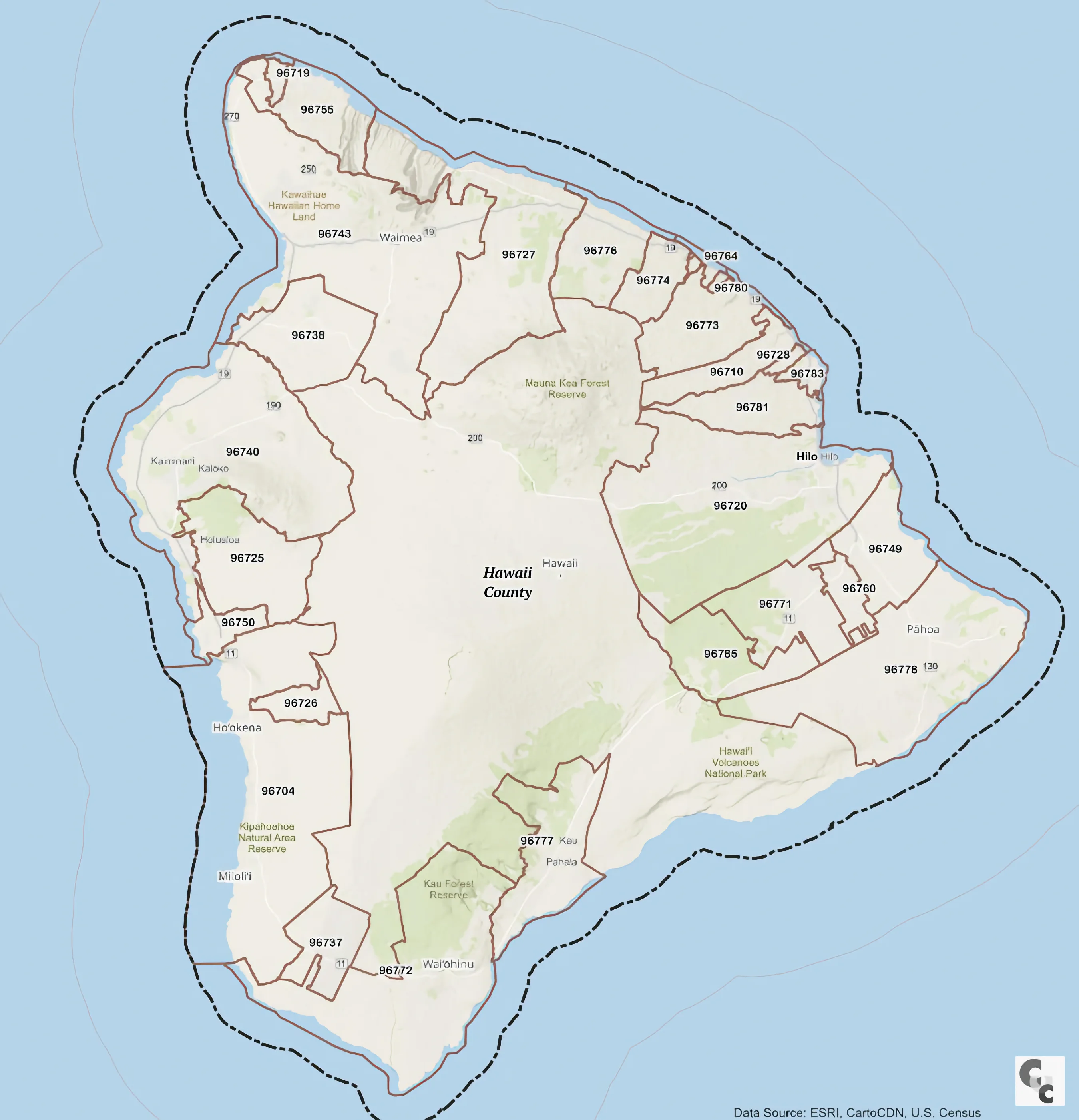 Hawaii County, HI Zip Code Map
