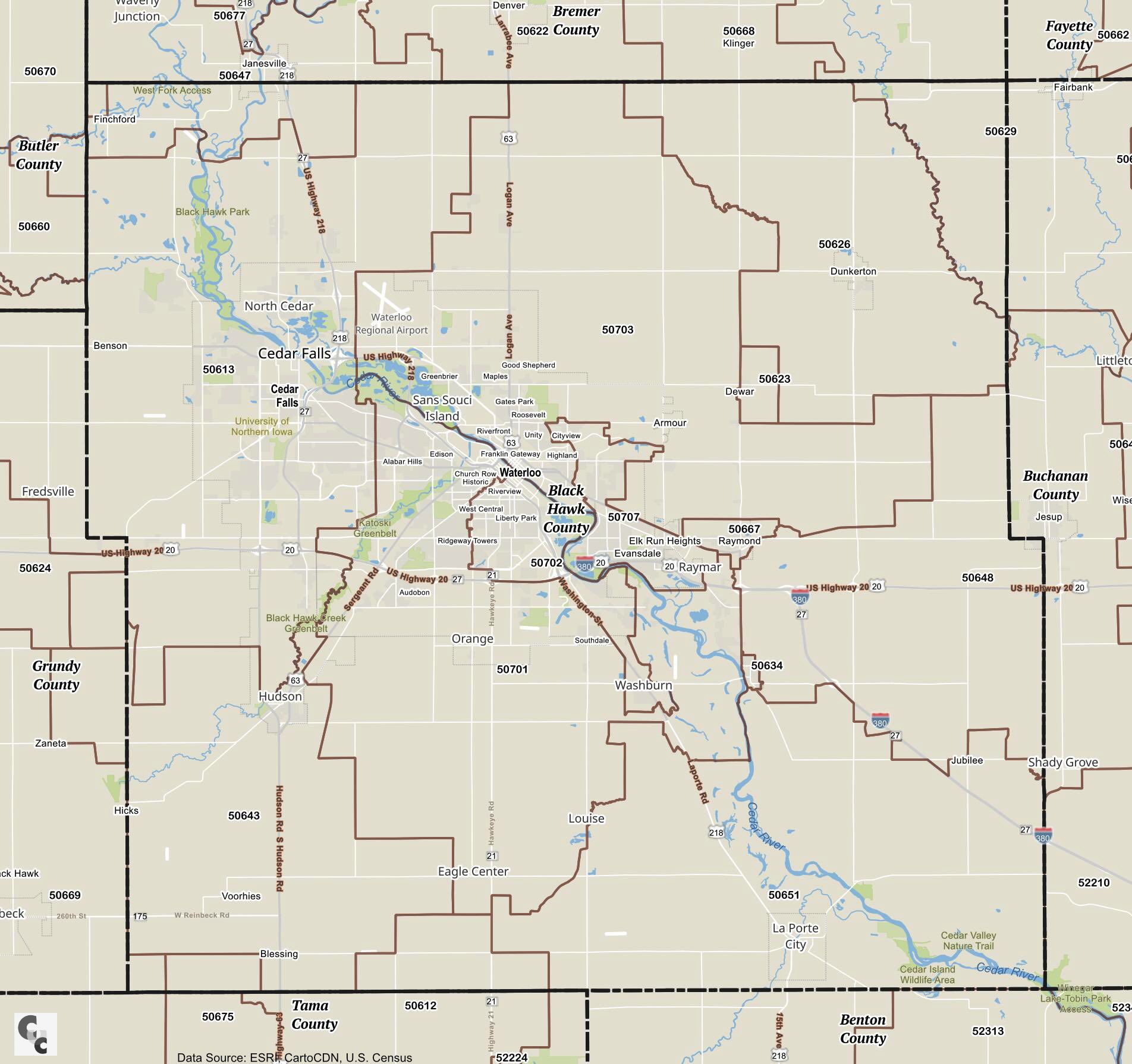 Black Hawk County, IA Zip Map | Waterloo, Cedar Falls, Hudson