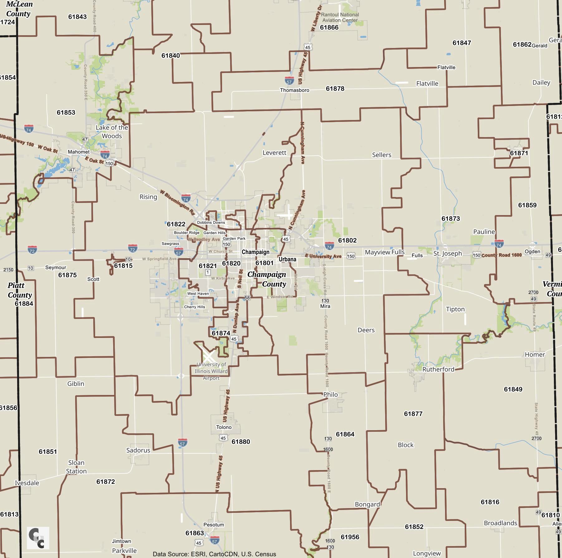Champaign, IL Zip Code Map