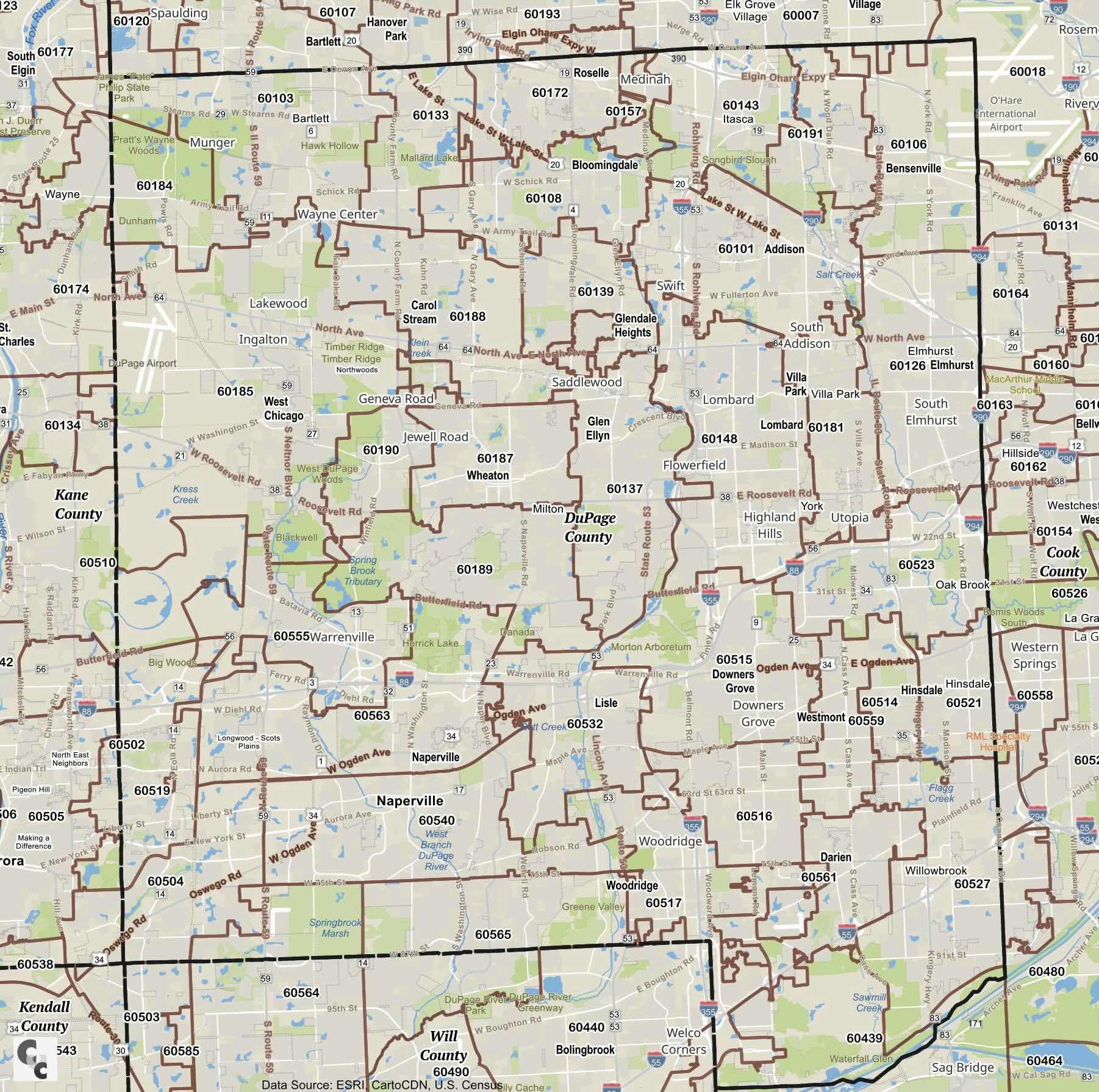 Dupage County, IL Zip Code Map