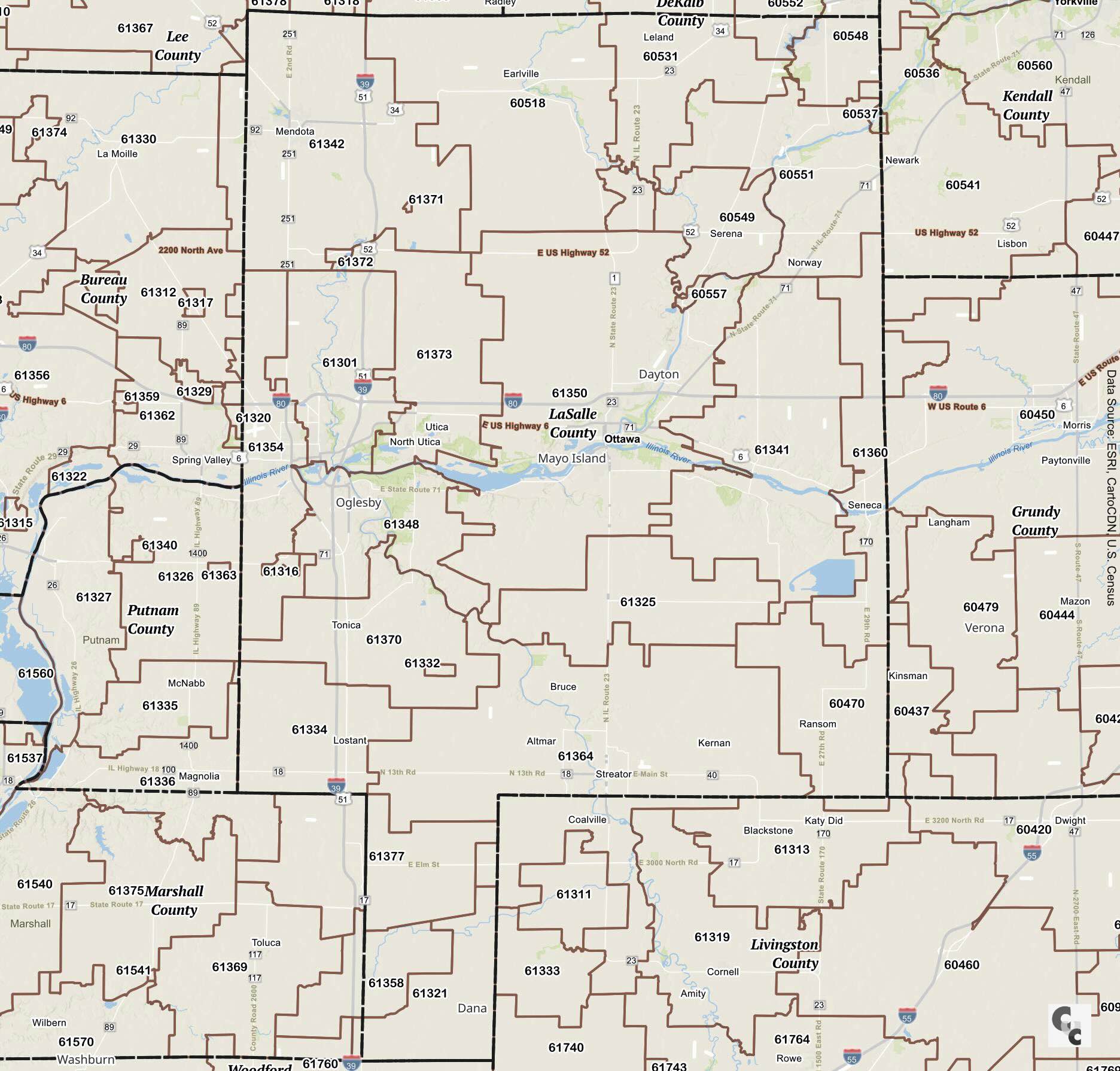 LaSalle County, IL Zip Code Map