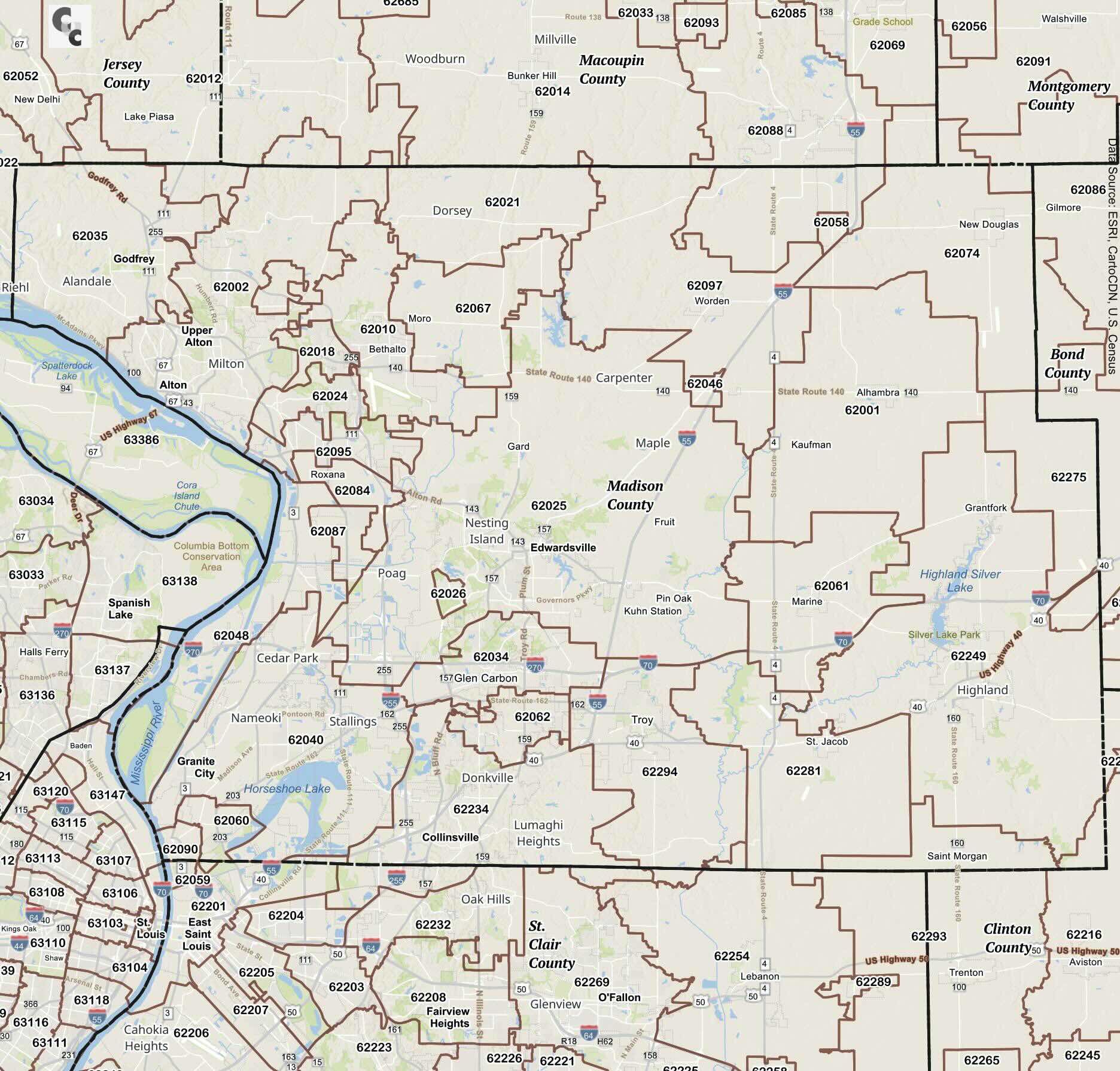 Madison County, IL Zip Code Map