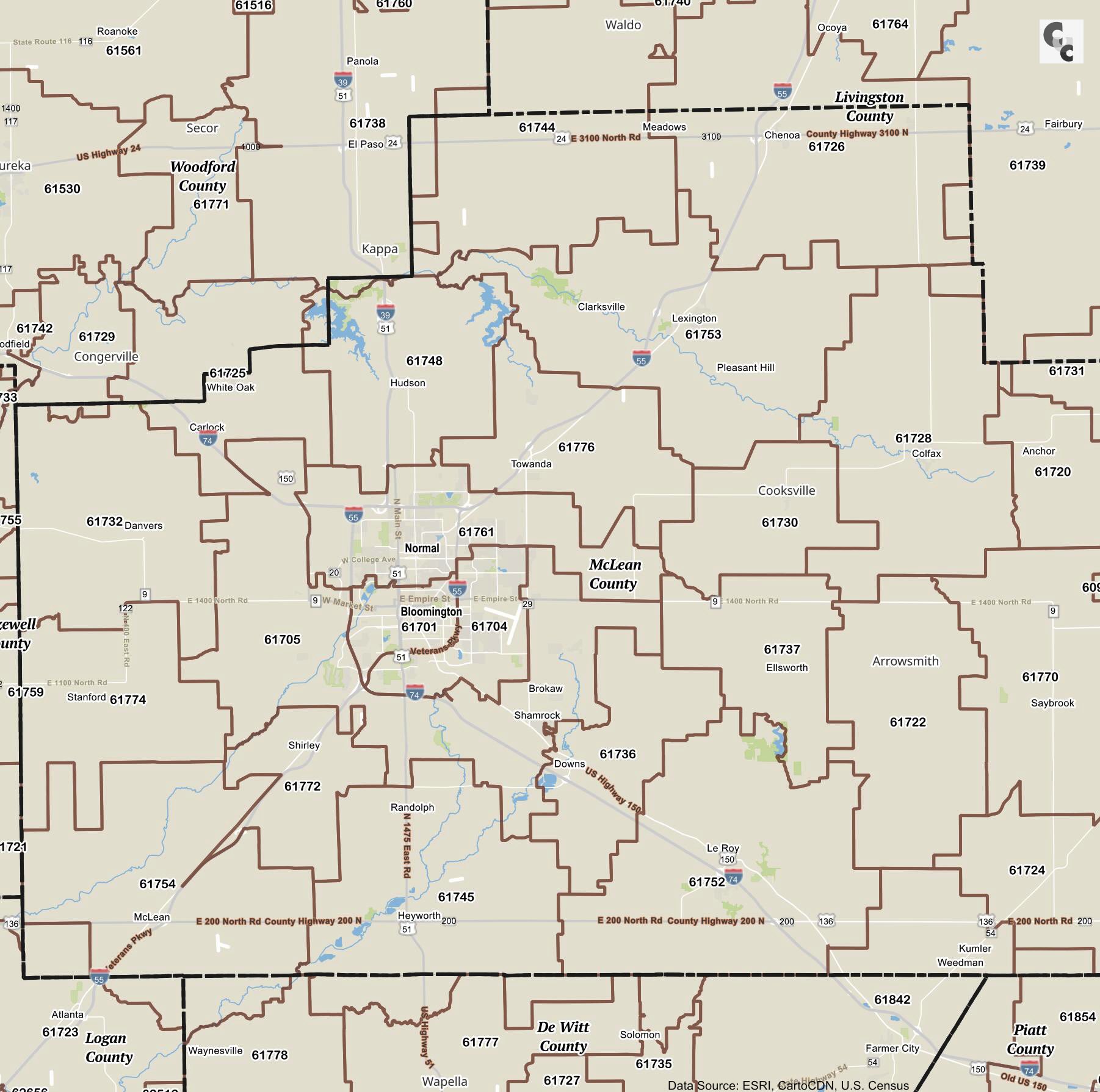 Bloomington, IL Zip Code Map