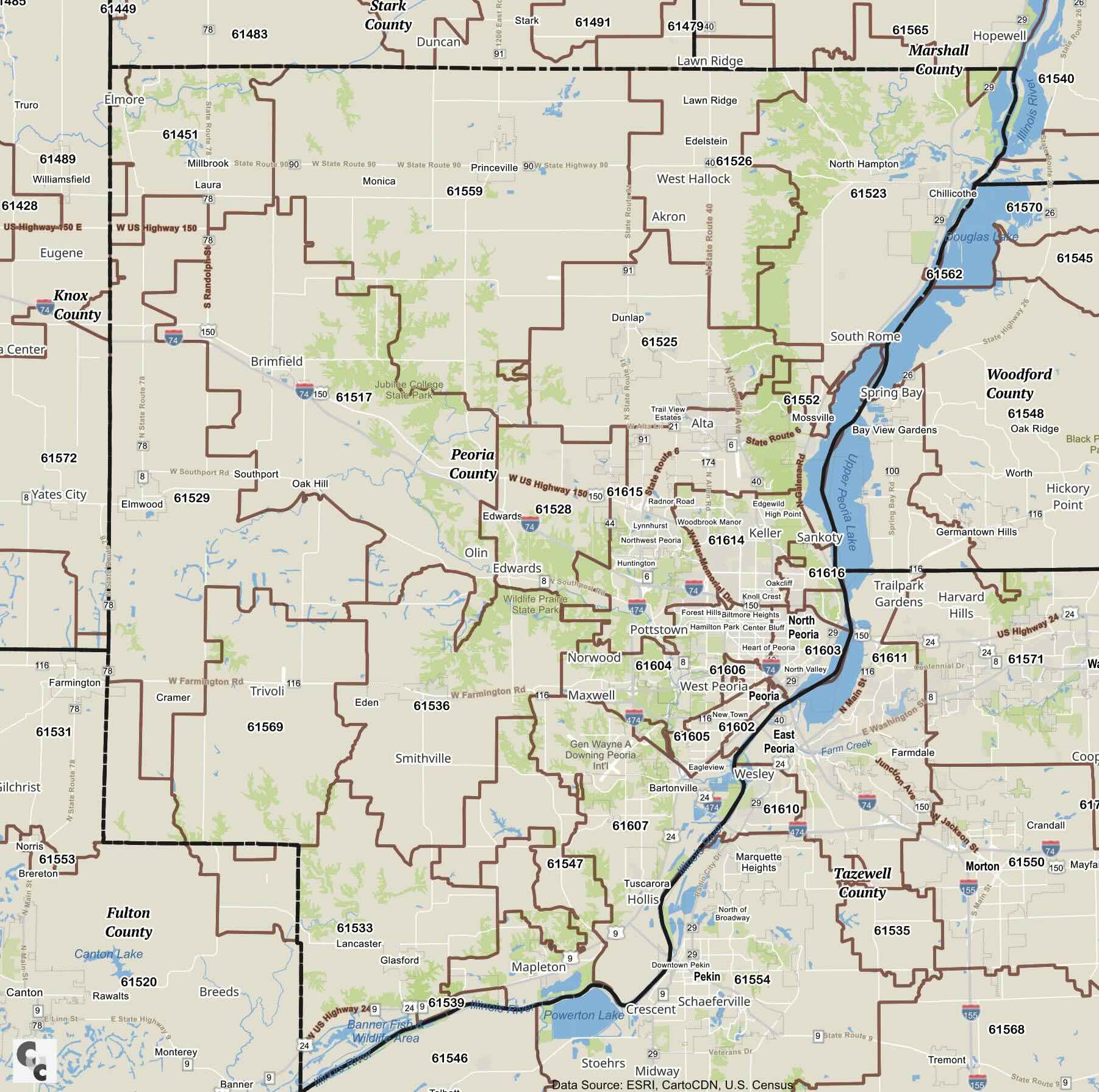 Peoria, IL Zip Code Map