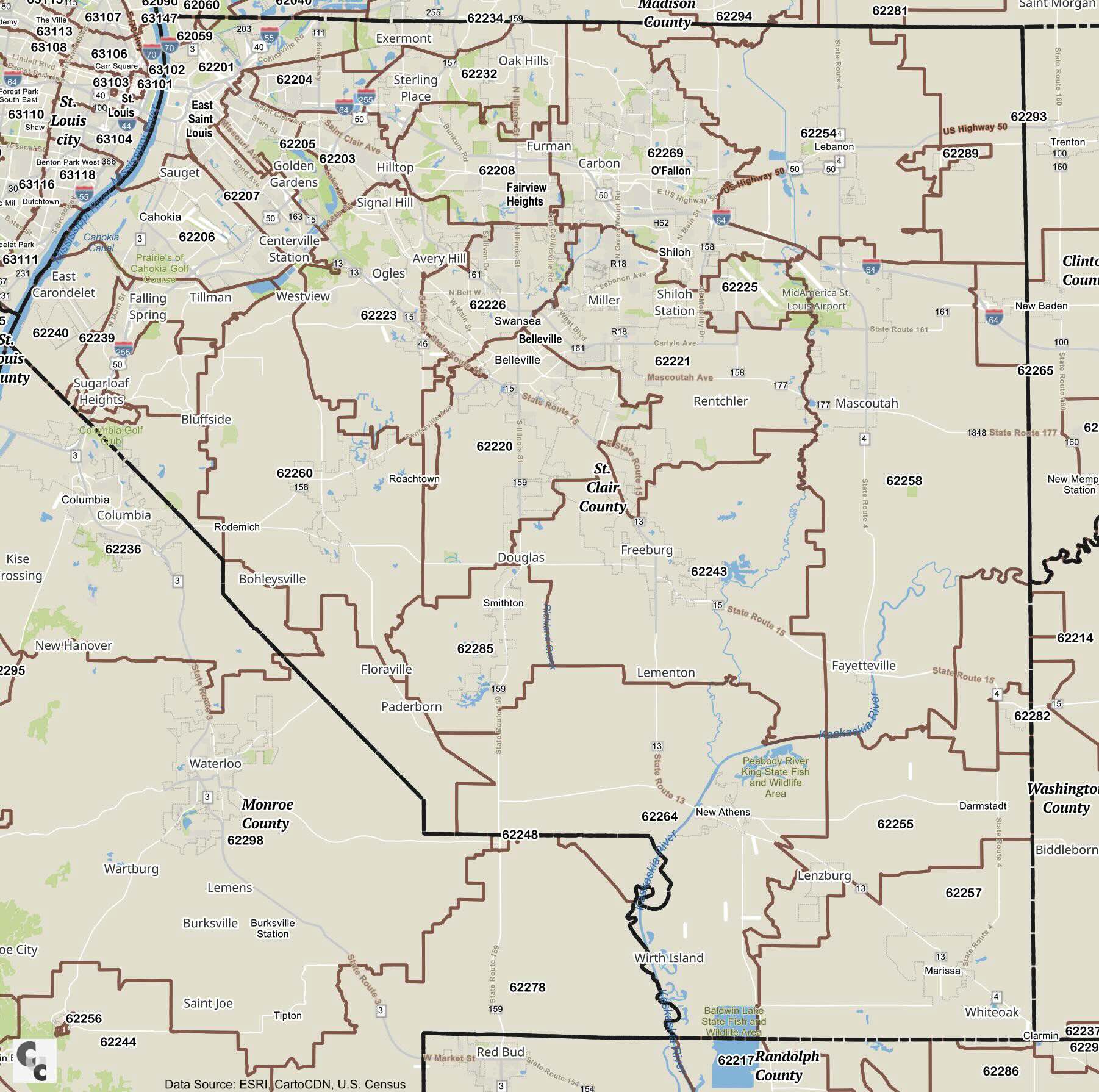 Belleville, IL Zip Code Map