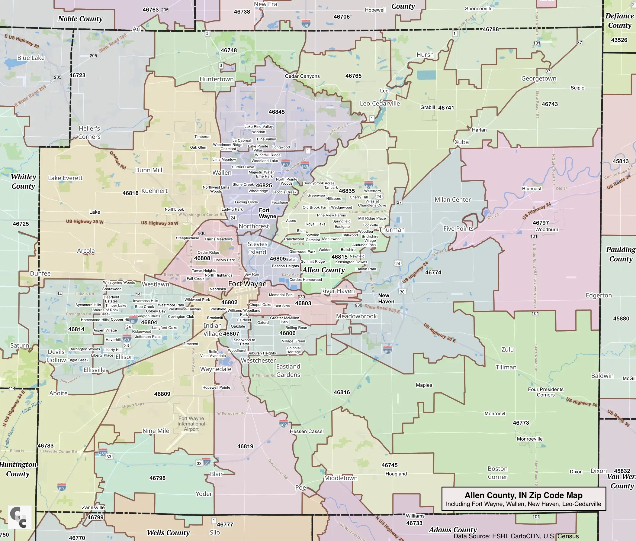 Fort Wayne, IN Zip Code Map