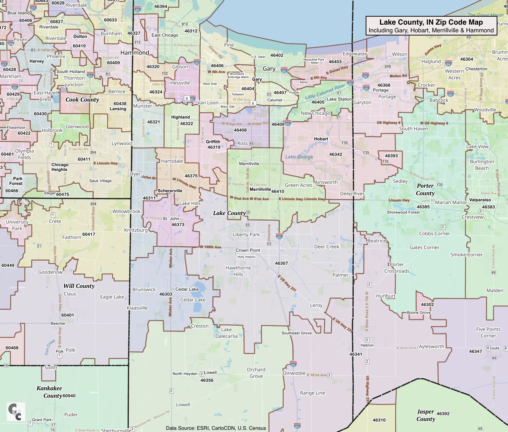 Lake County, IN Zip Map | Gary, Hammond, Merrillville, Crown Point