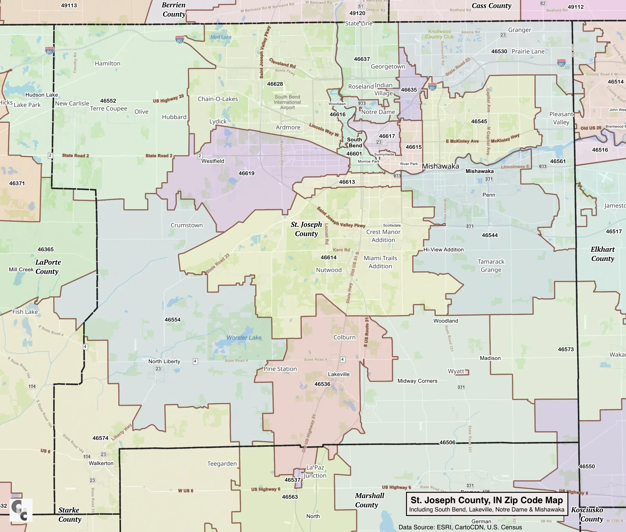 St. Joseph County, IN Zip Map | South Bend, Mishawaka, Granger