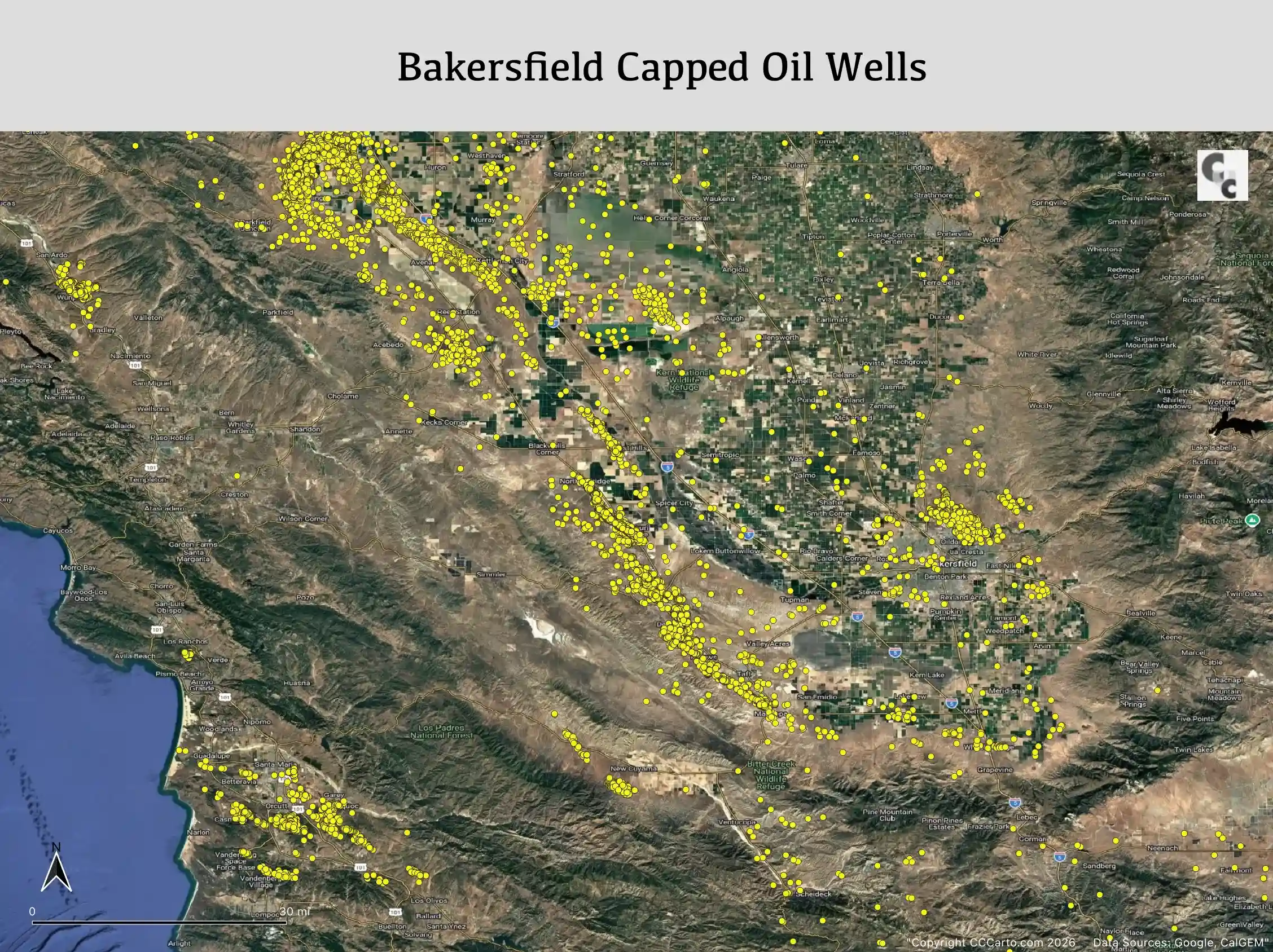 bakersfield capped oil wells map