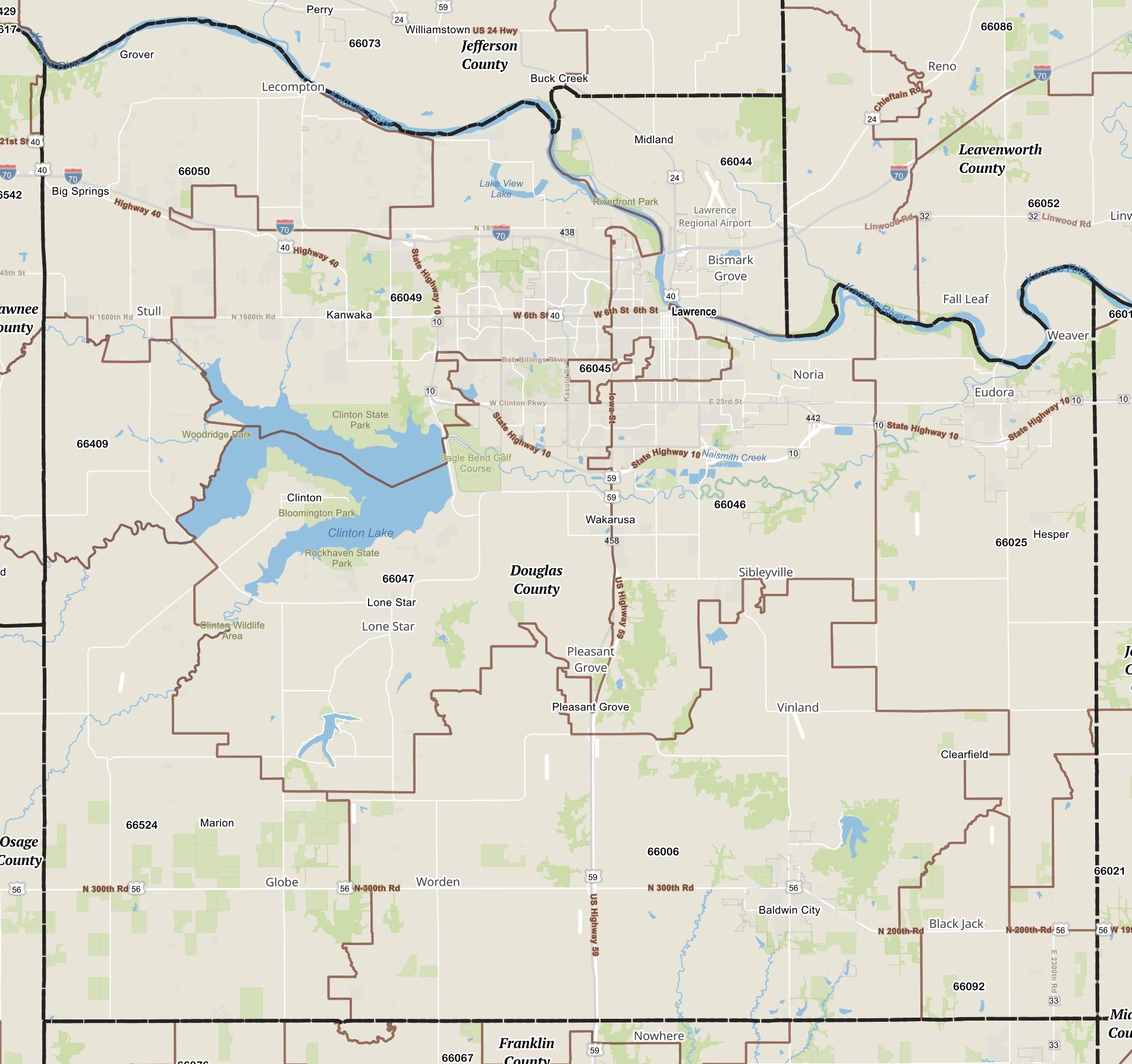Lawrence KS Zip Code Map