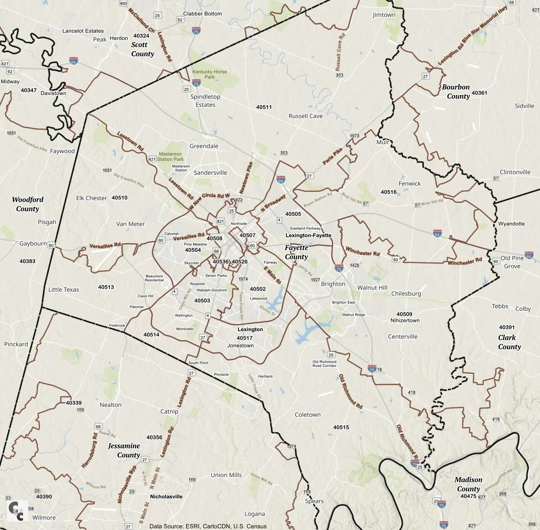Lexington KY Zip Code Map