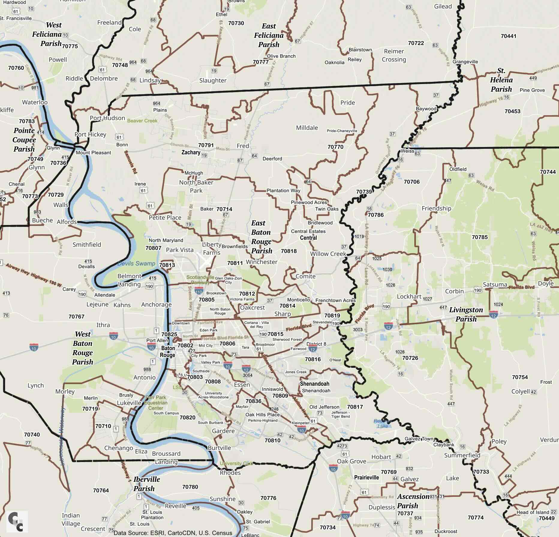 Baton Rouge LA Zip Code Map