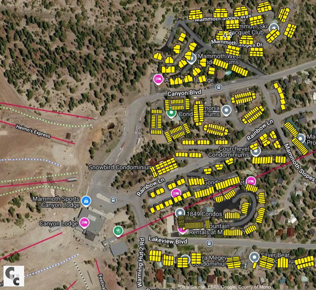 Mammoth Lakes condo locator map showing all complexes near Canyon Lodge, The Village, and Snowcreek