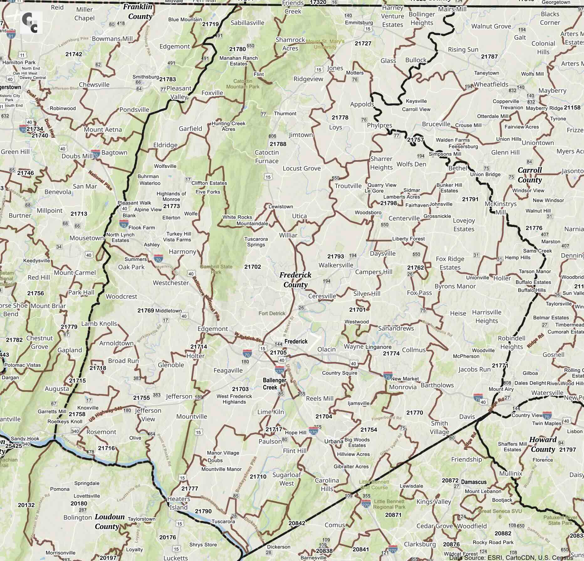 Frederick MD Zip Code Map