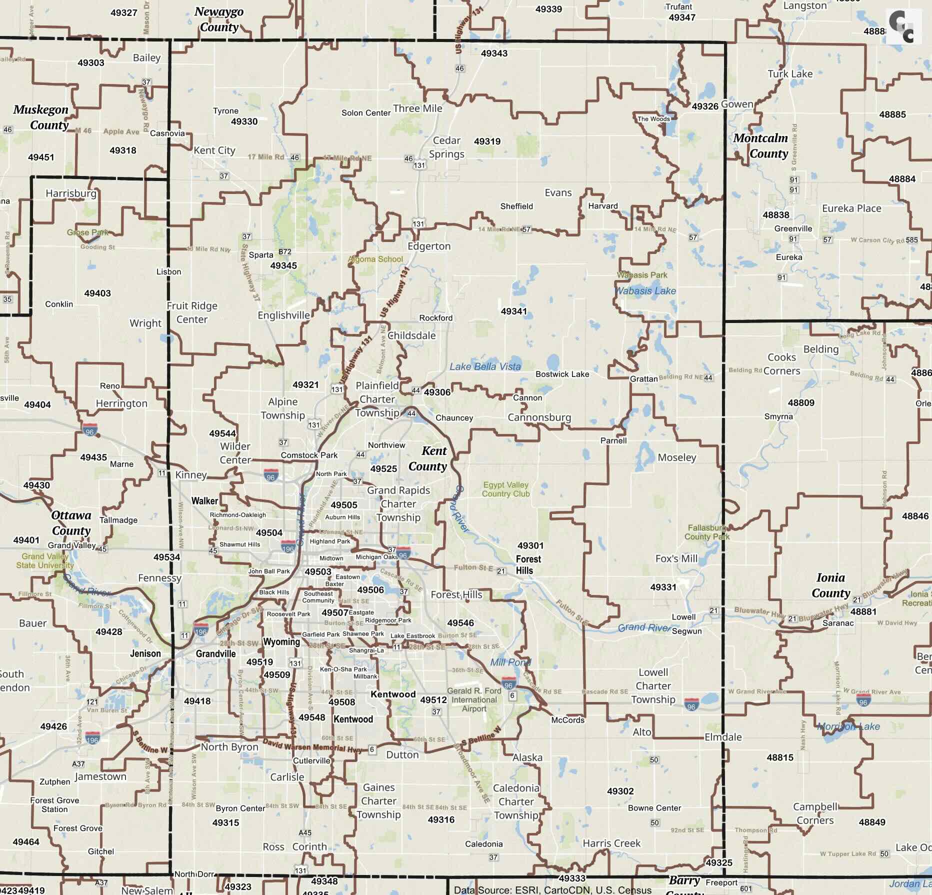 Kent County, MI Zip Map | Grand Rapids, Wyoming, Kentwood