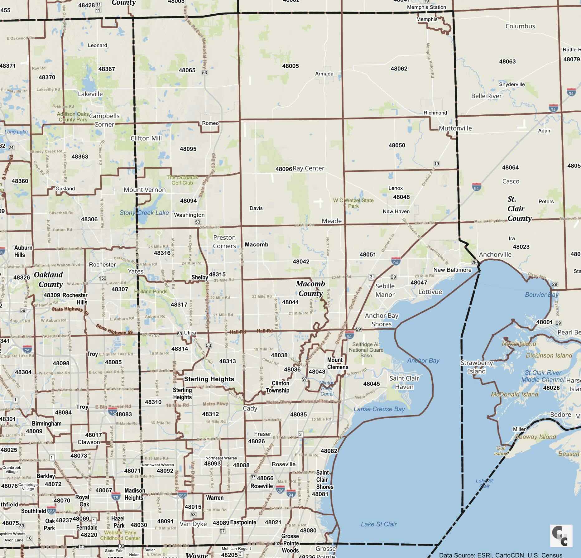 Macomb County, MI Zip Codes Map