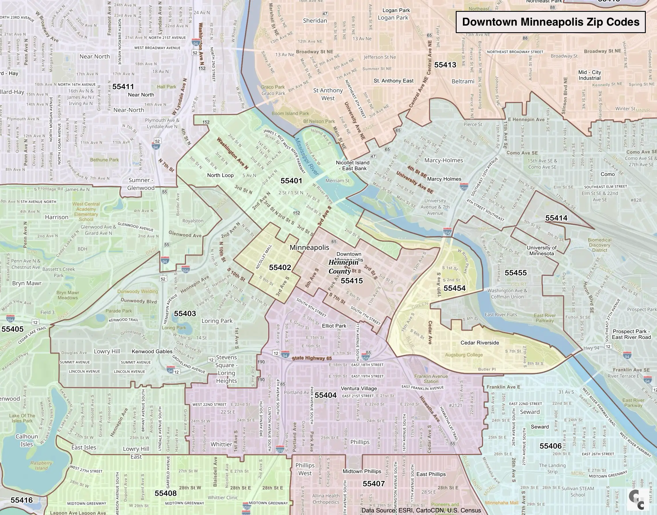 Downtown Minneapolis MN Zip Code Map