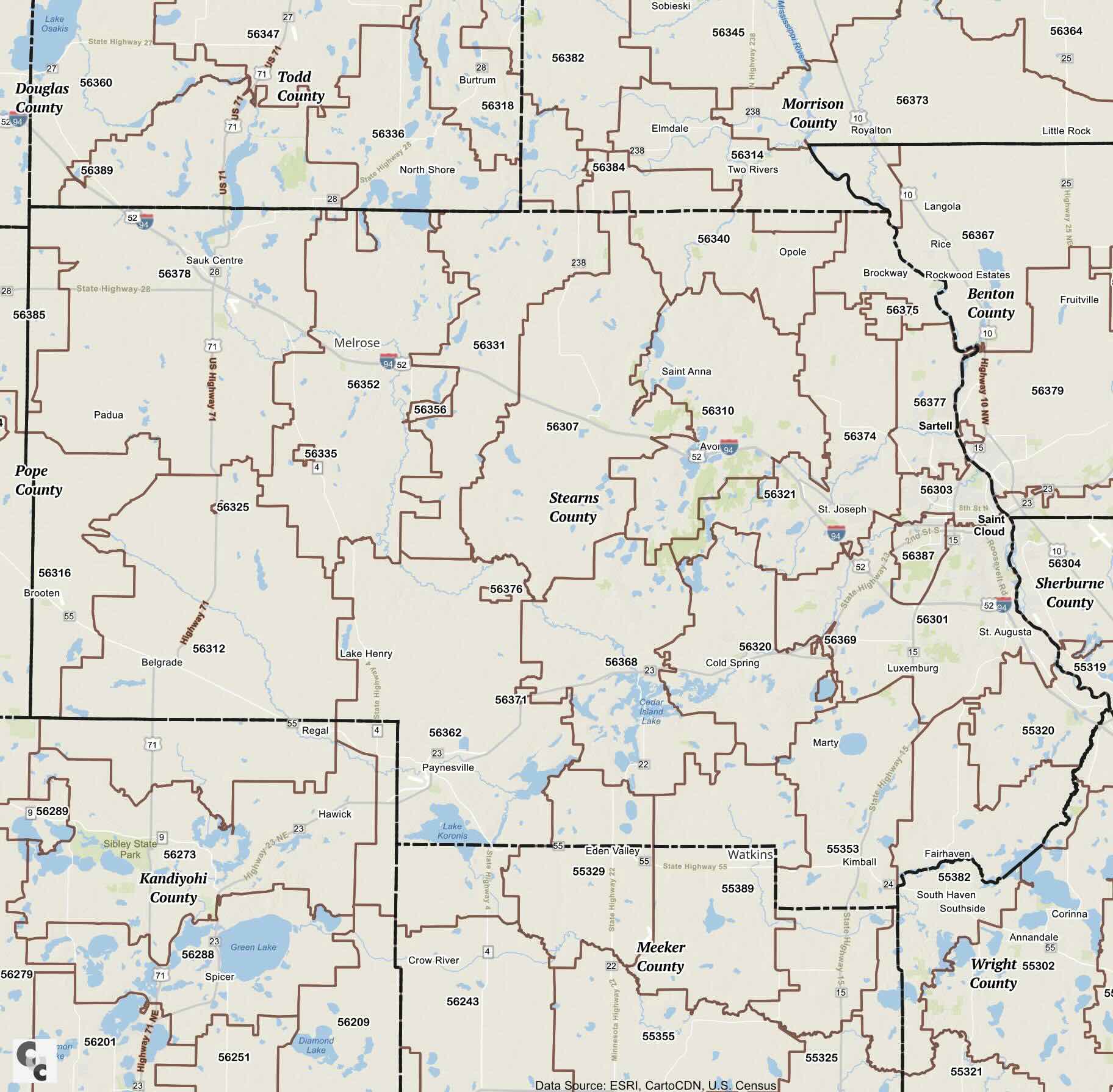 Stearns County, MN Zip Code Map
