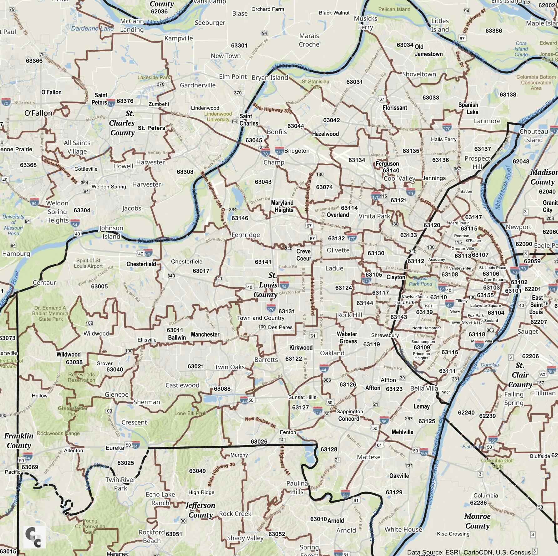 St. Louis County, MO Zip Map | Florissant, Chesterfield, Kirkwood