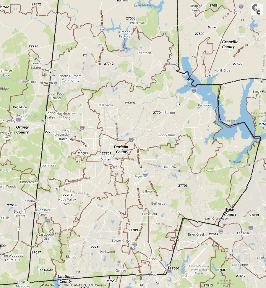 Durham County, North Carolina Zip Code Map