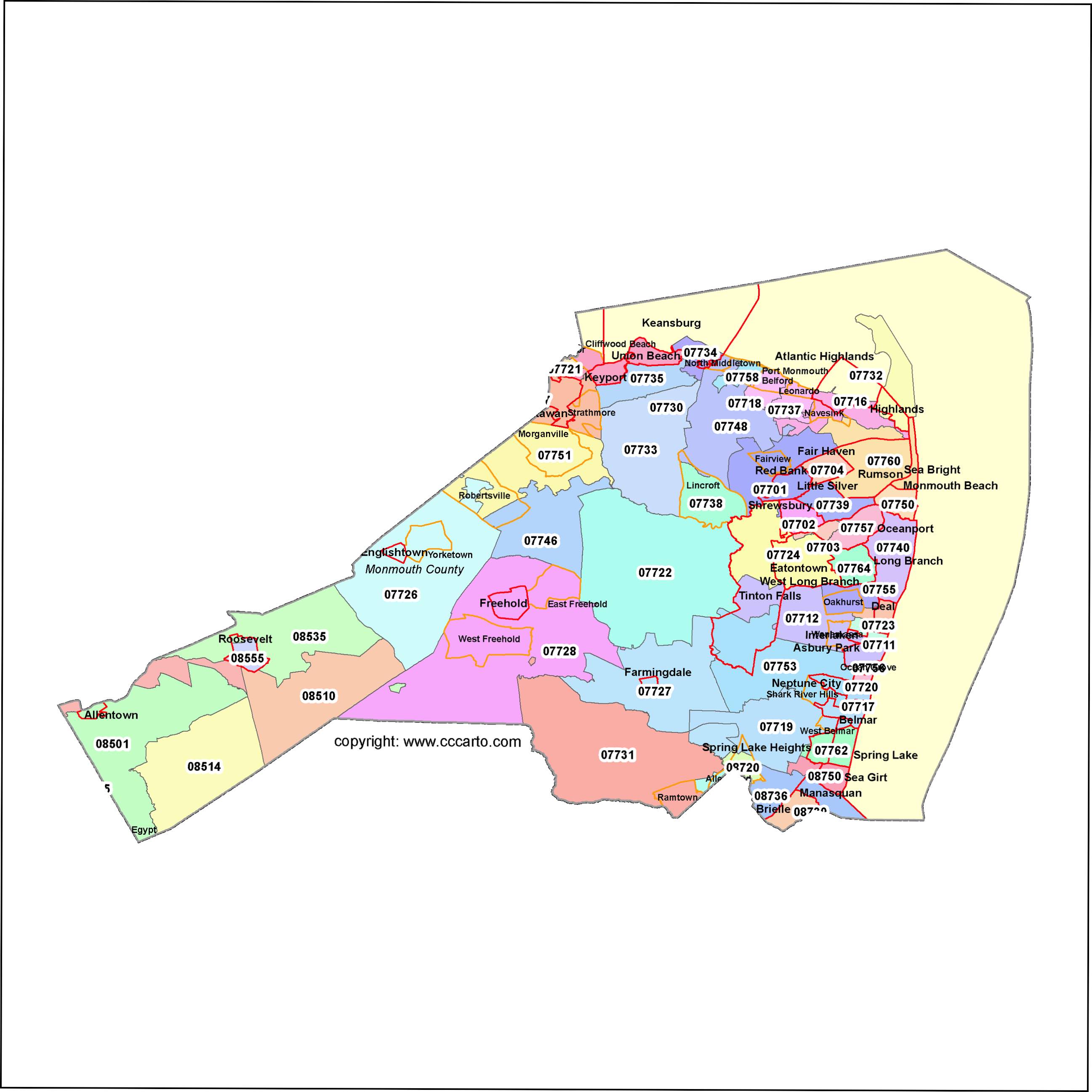 Monmouth County, New Jersey Zip Code Map