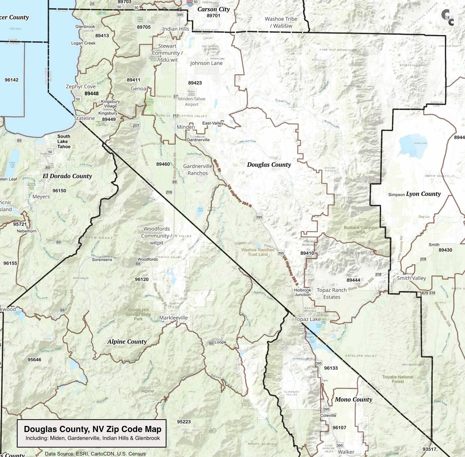 Douglas County, Nevada Zip Code Map