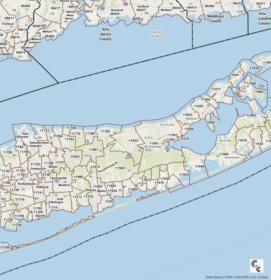 East Suffolk County, NY Zip Code Map