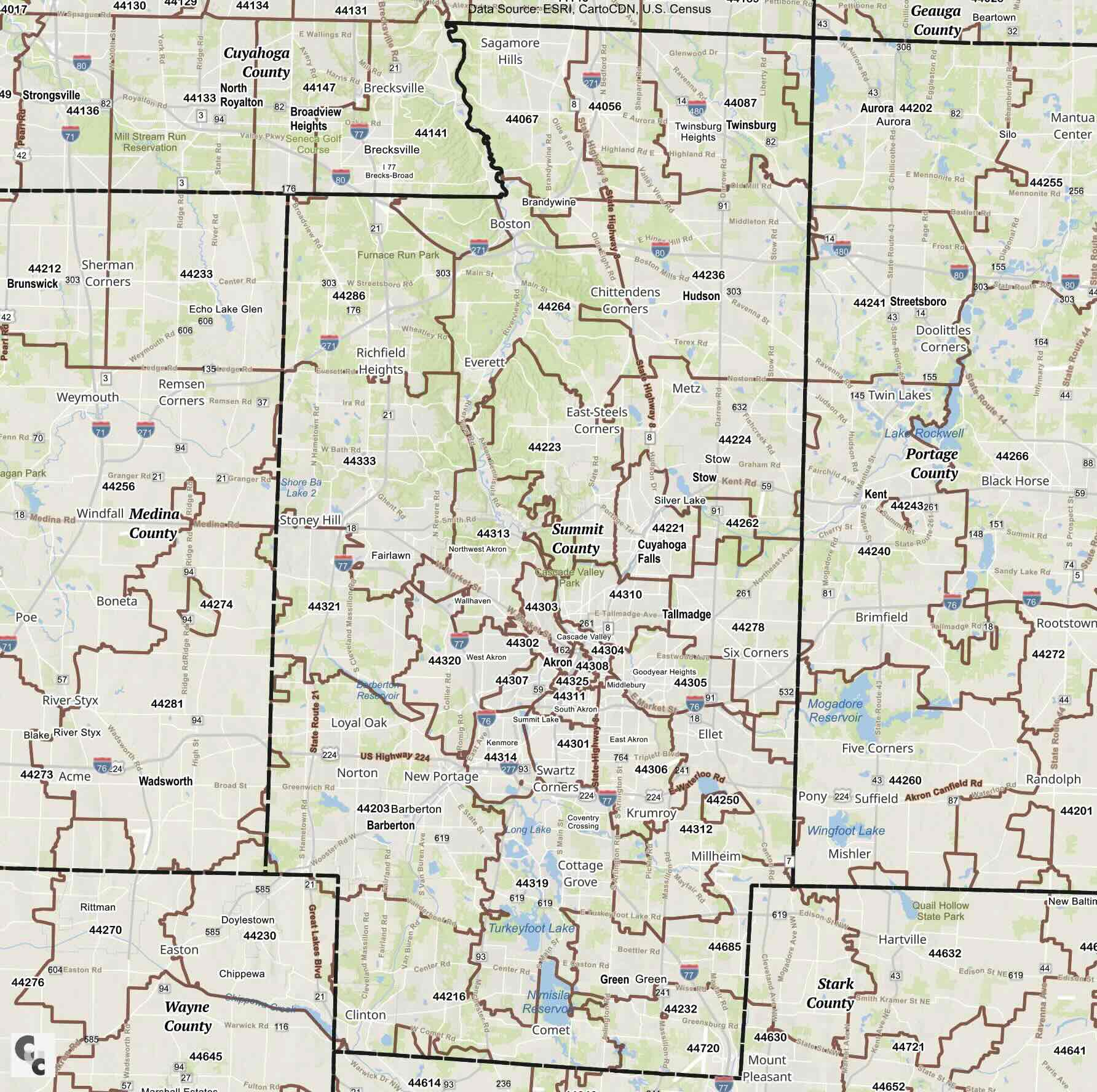Akron, OH Zip Code Map