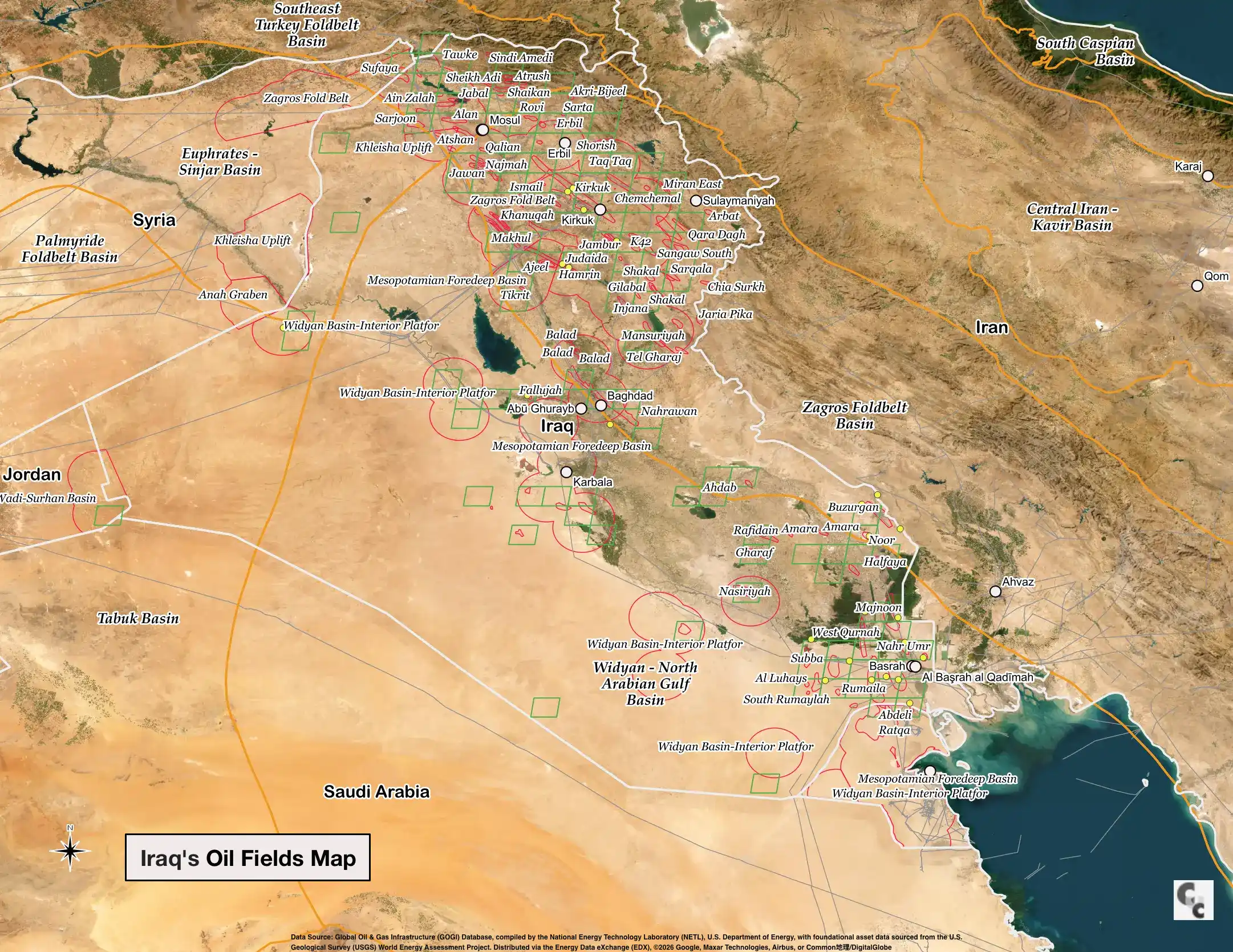 Iraq Oil Fields Map showing major oil and gas fields including Rumaila, Kirkuk, West Qurna, and Majnoon