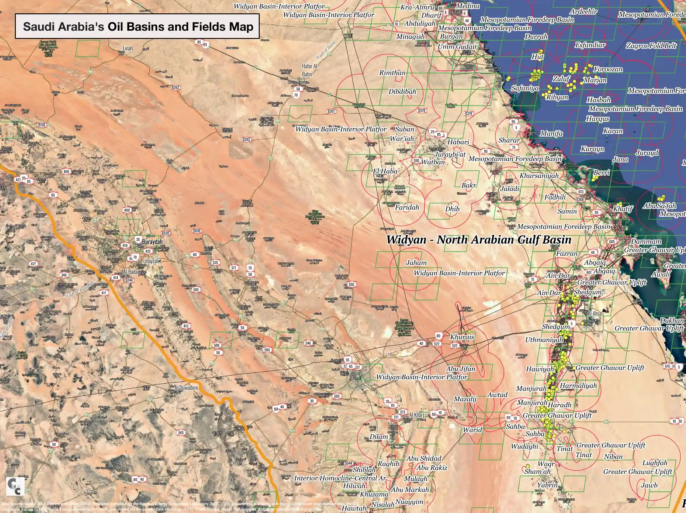 Saudi Arabia oil basins map showing major fields