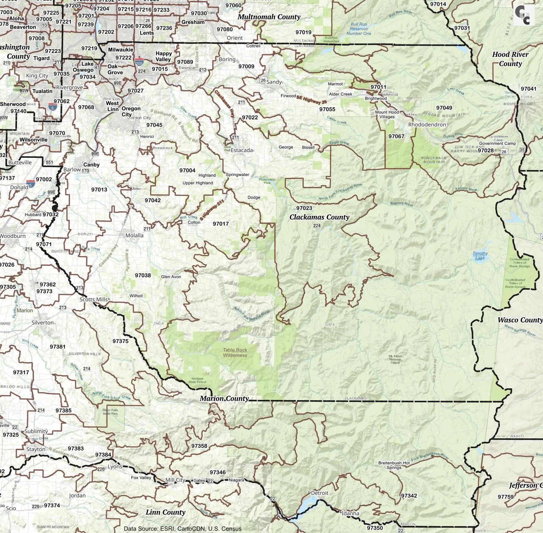 Clackamas County, OR Zip Code Map