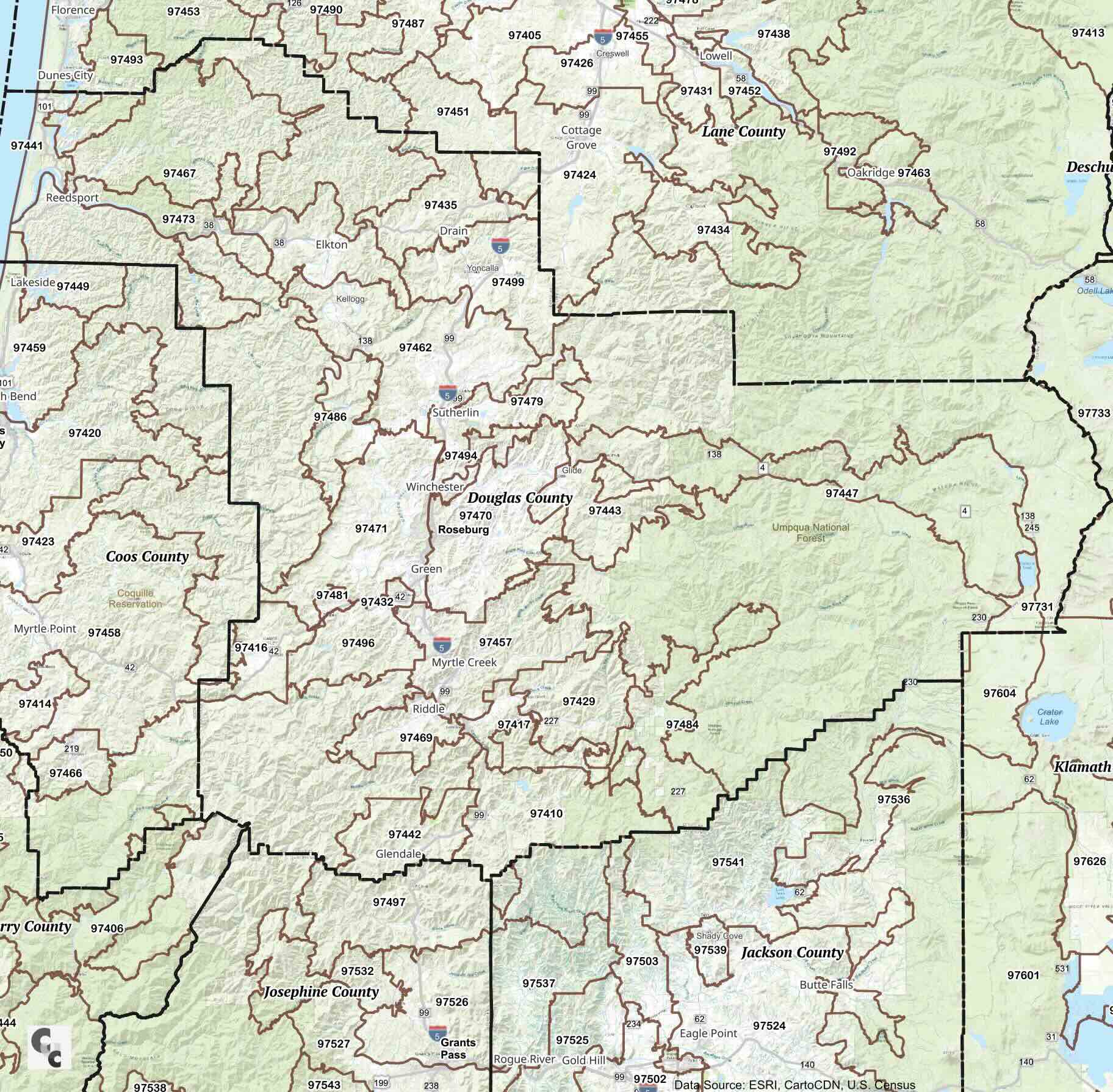 Douglas County, Oregon Zip Code Map