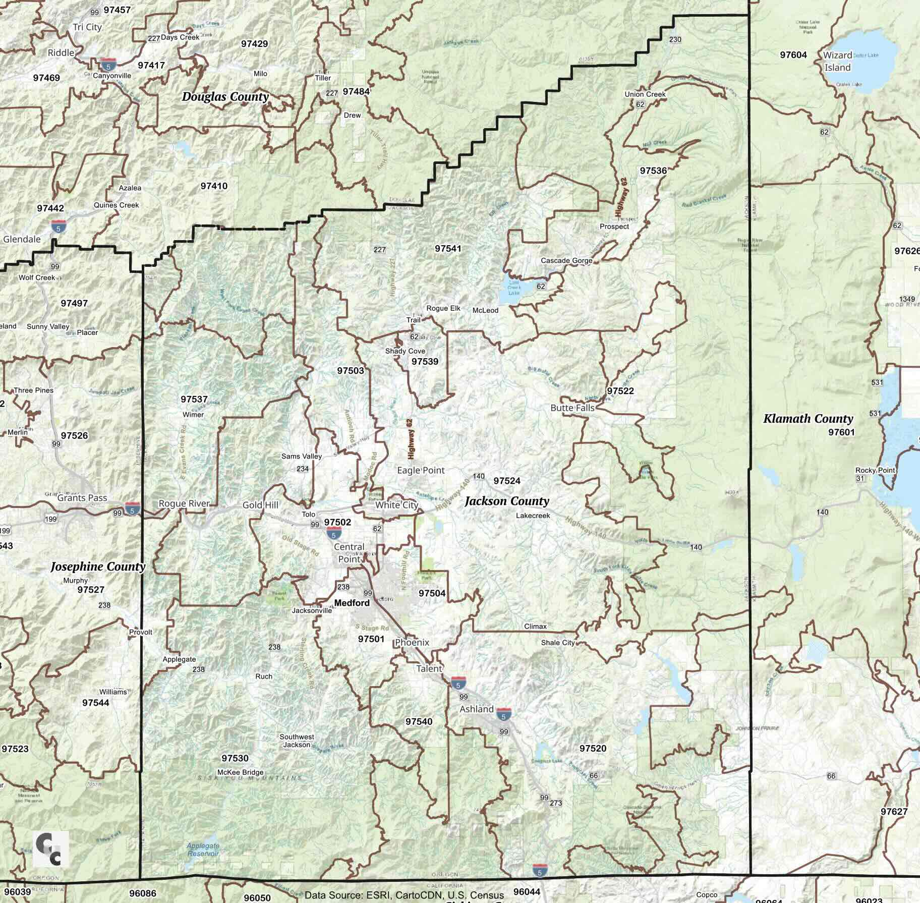 Medford, Oregon Zip Code Map