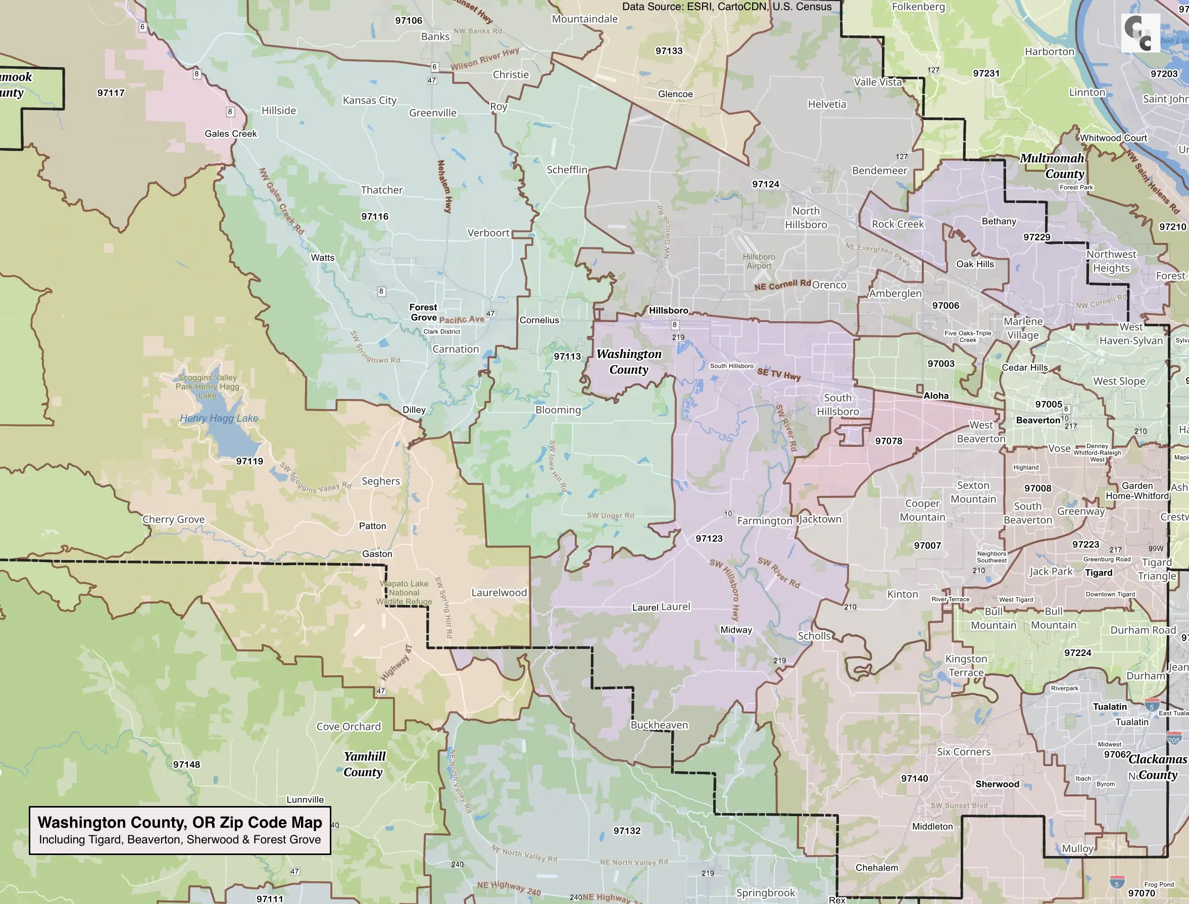 Washington County, OR Zip Code Map