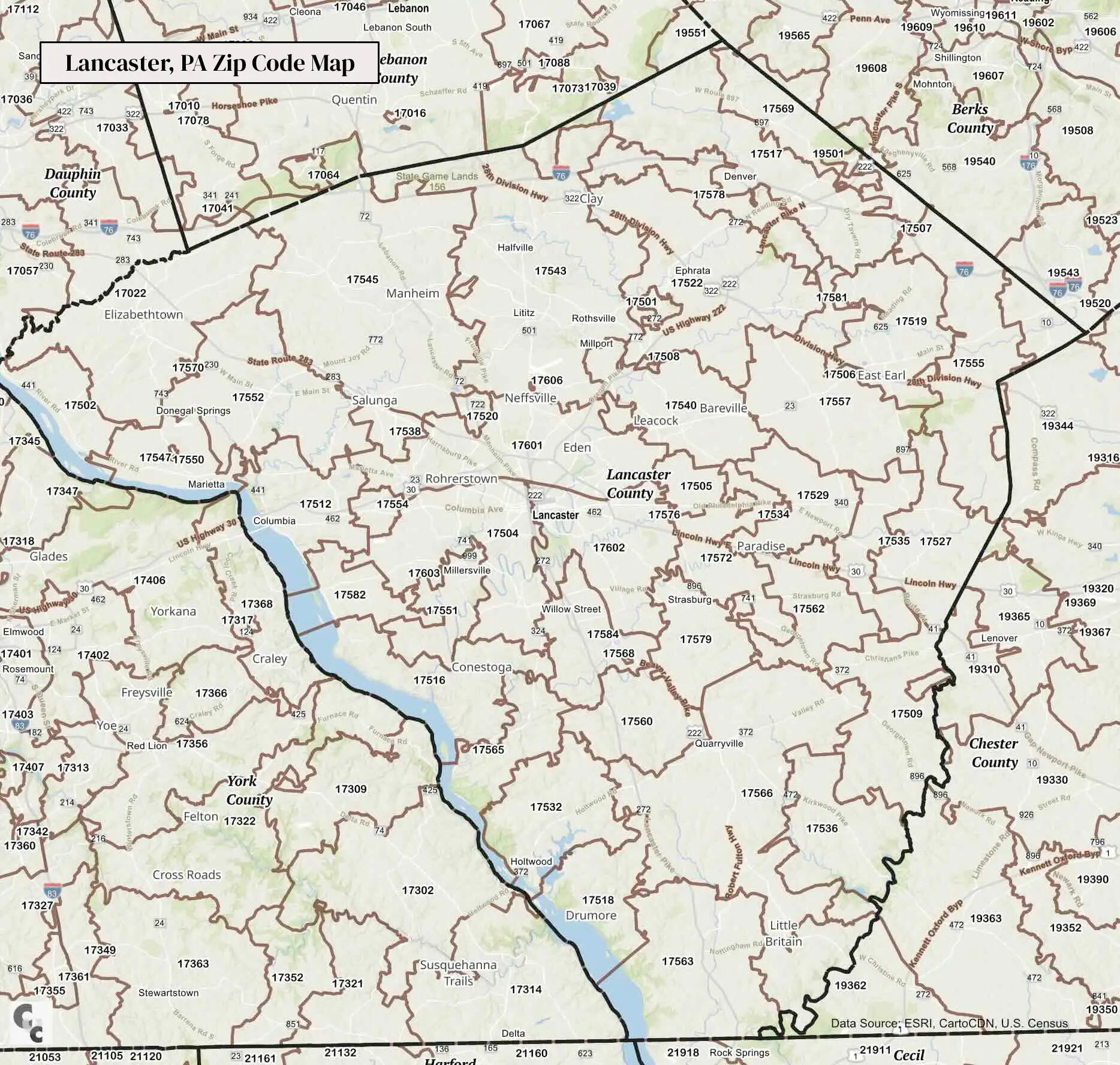 Lancaster, Pennsylvania Zip Code Map
