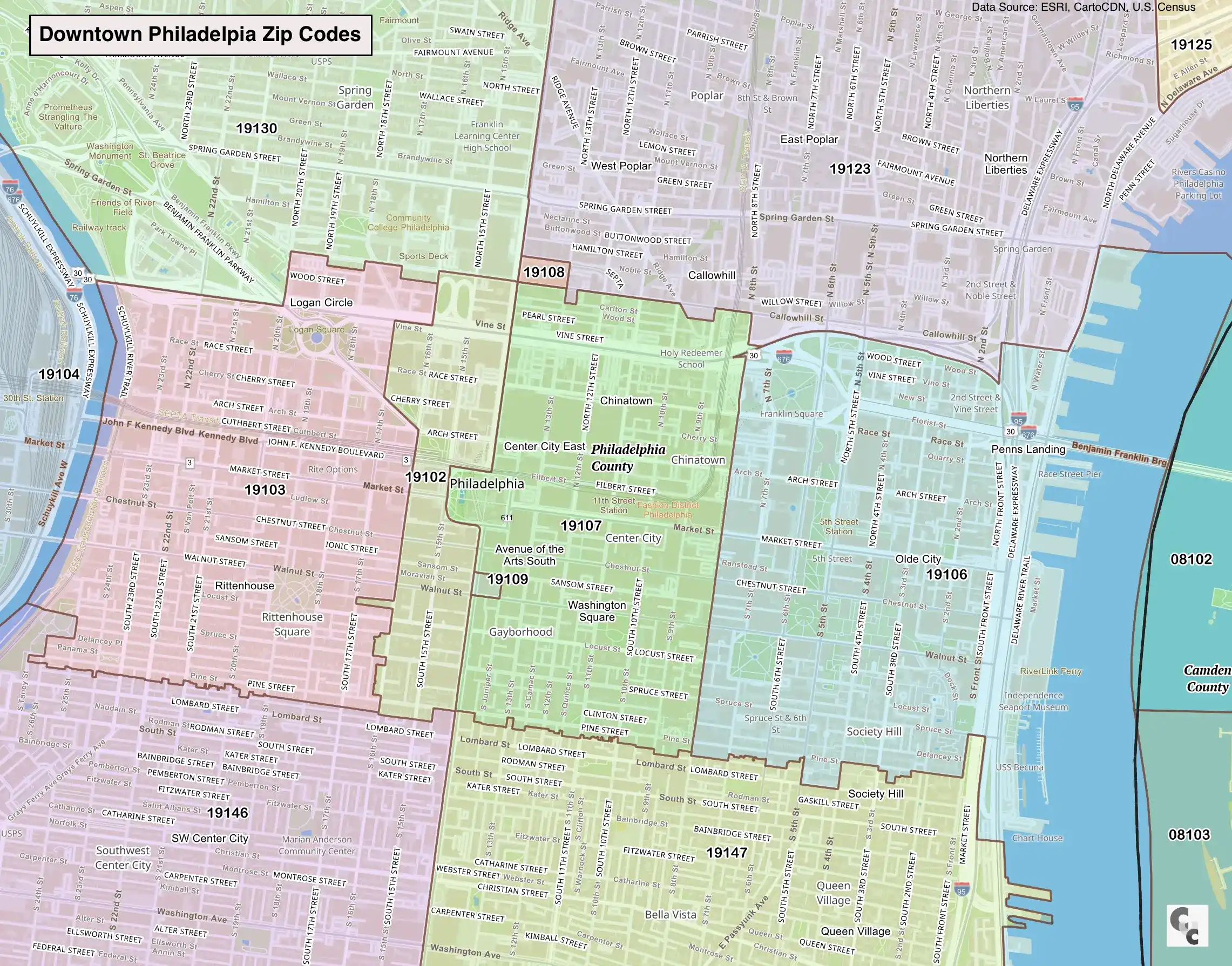 Downtown Philadelphia PA Zip Code Map