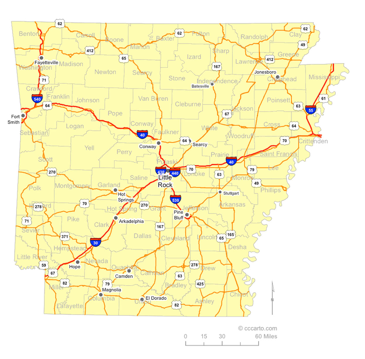 Arkansas Interstates and U.S. Hwys Road Map