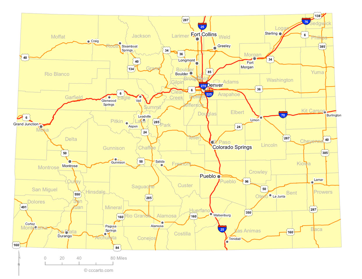 Colorado Interstates and U.S. Hwys Road Map
