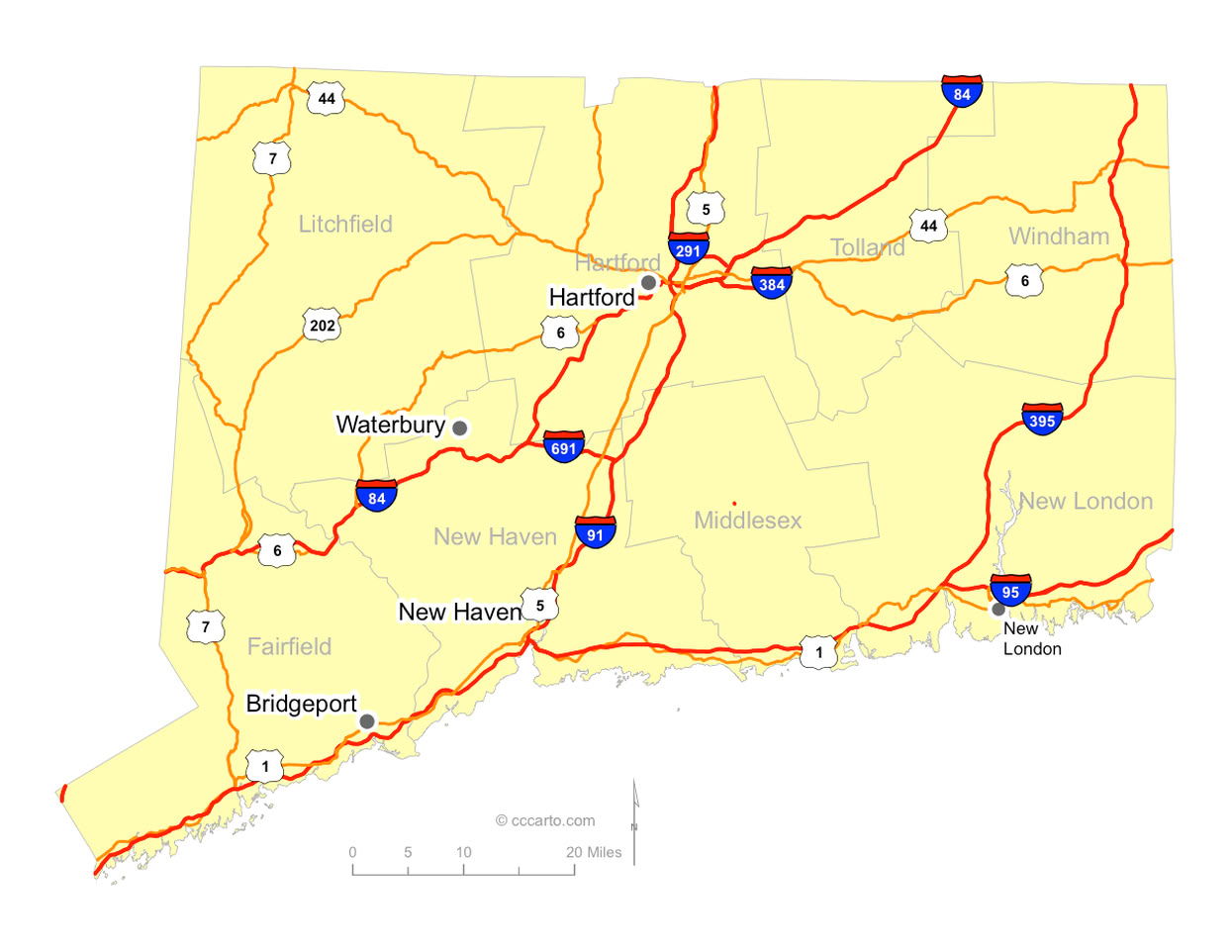 Connecticut Interstates and U.S. Hwys Road Map