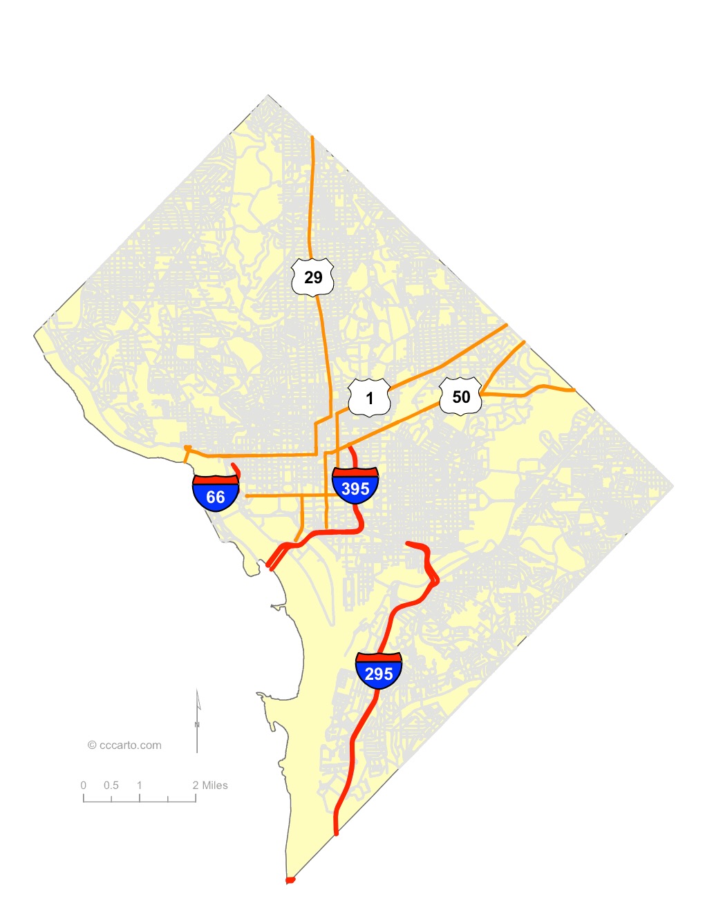 Washington, DC Interstates and U.S. Hwys Road Map
