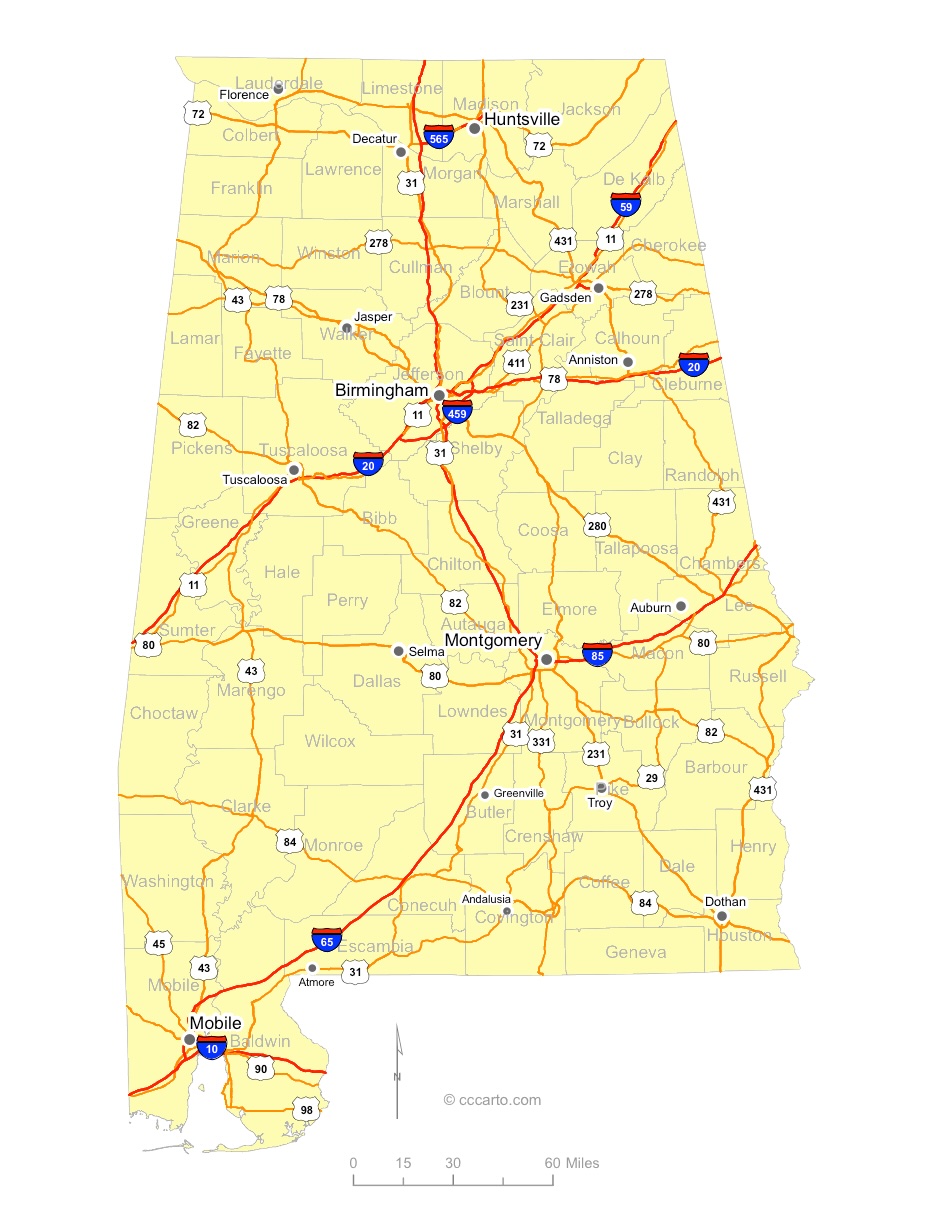 Alabama Interstates and U.S. Hwys Road Map