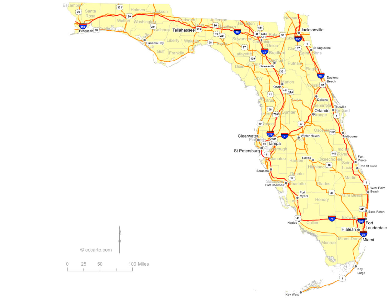 Florida Interstates and U.S. Hwys Road Map