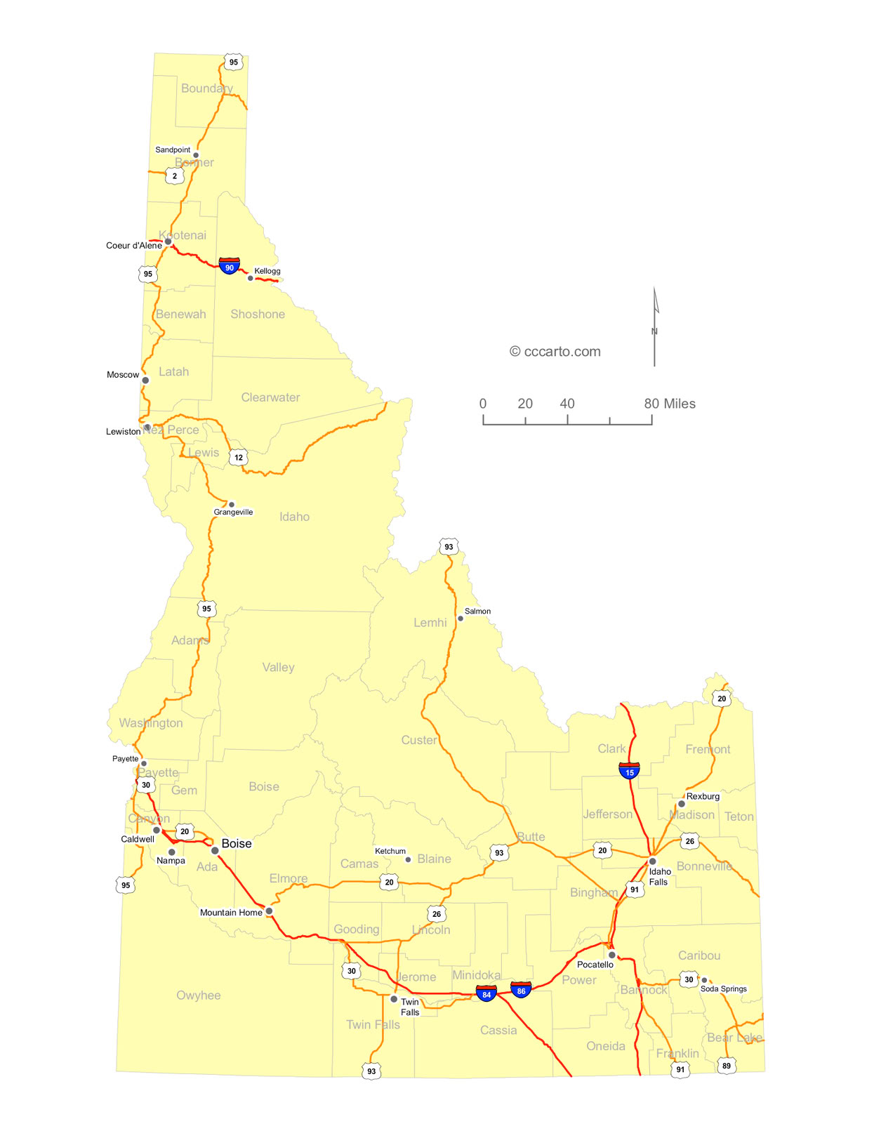 Idaho Interstates and U.S. Hwys Road Map