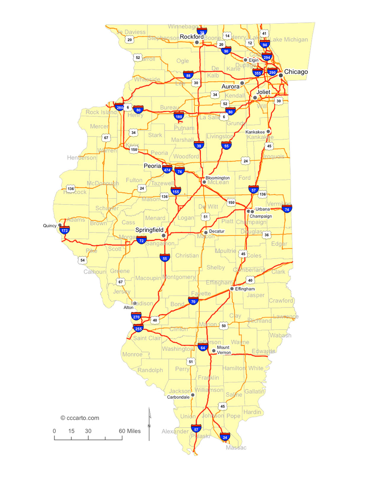 Illinois Interstates and U.S. Hwys Road Map