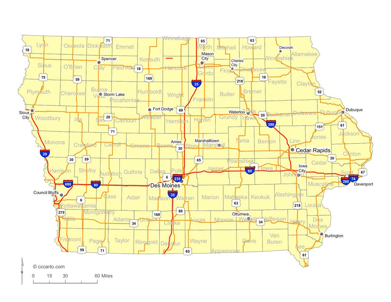 Iowa Interstates and U.S. Hwys Road Map