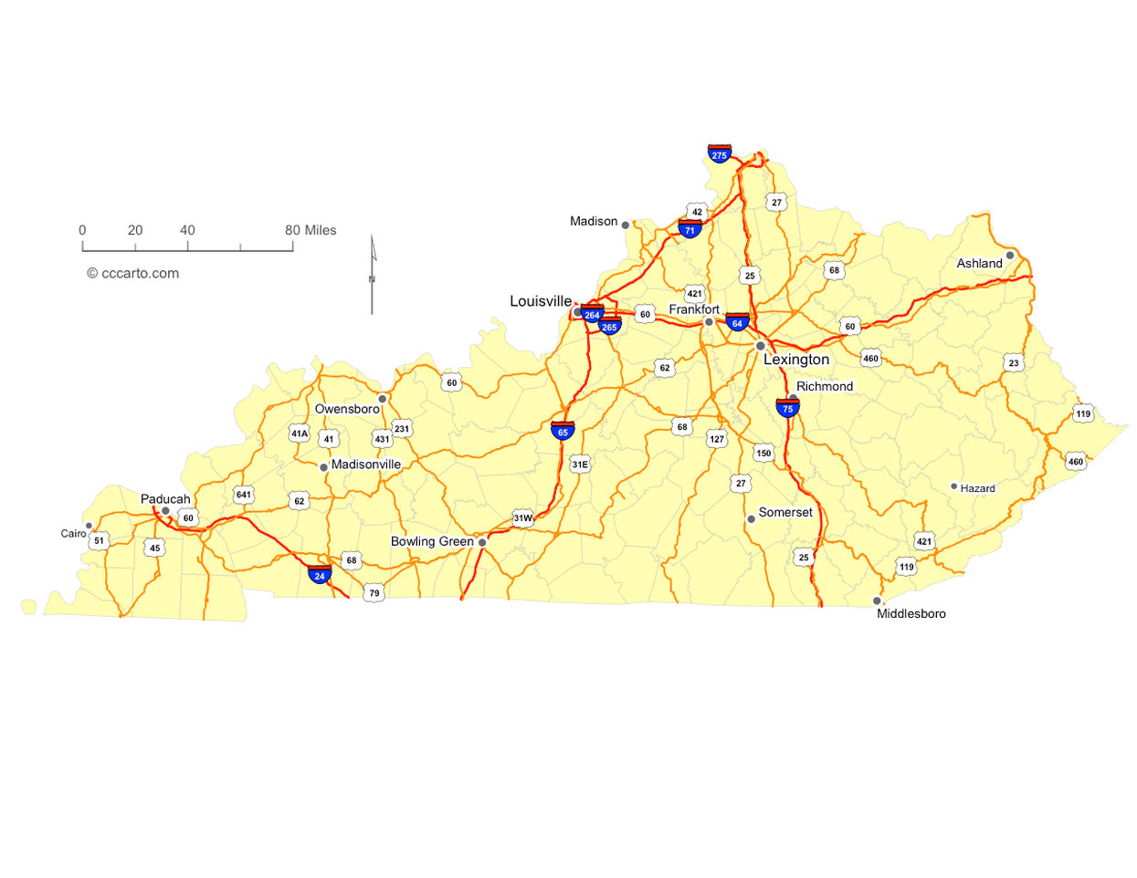 Kentucky Interstates and U.S. Hwys Road Map